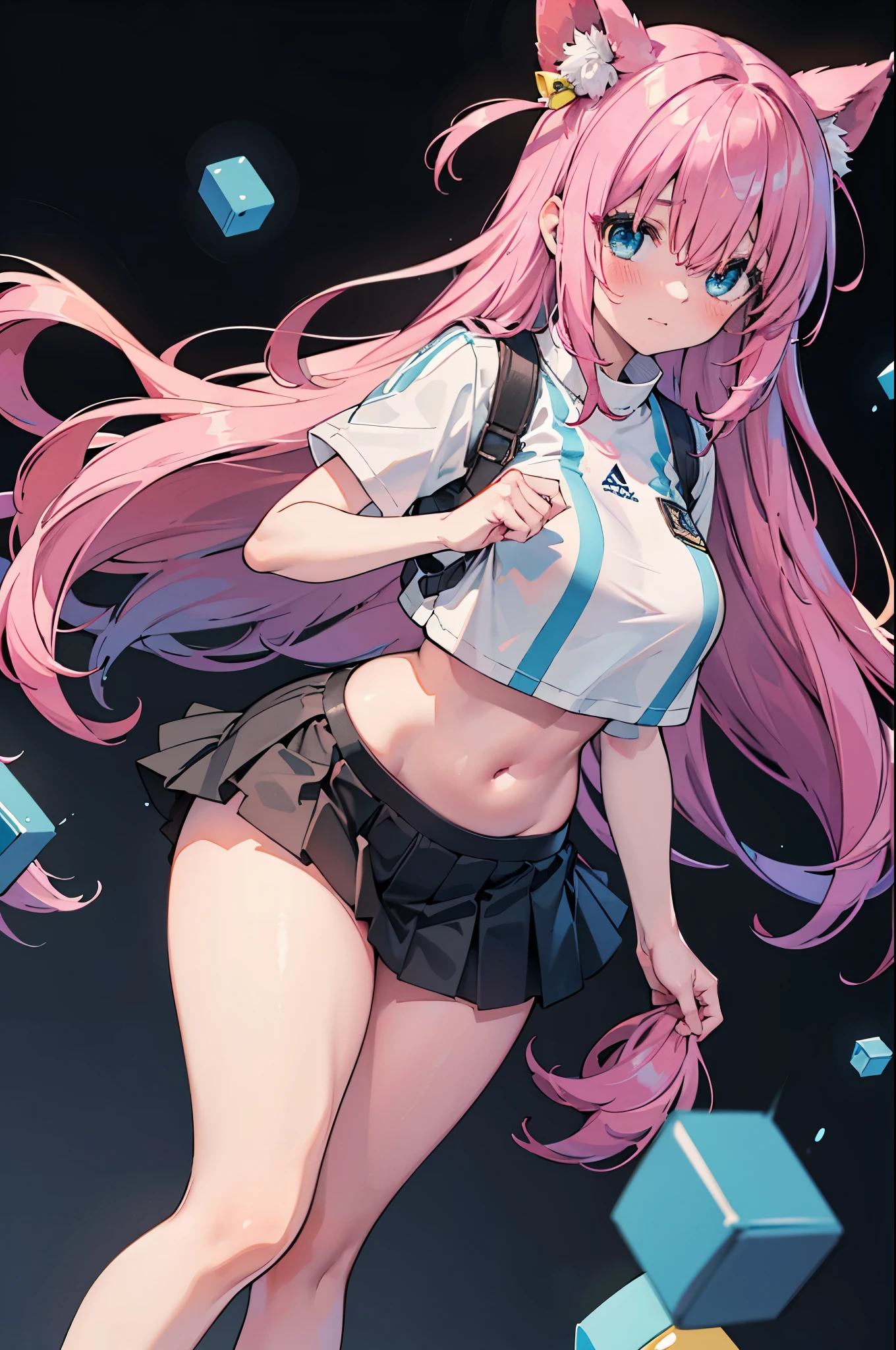 realistic image, coherent image, detailed image, 1 girl, long hair, pink hair, wearing hair accessories with blue and yellow cubes on the right side, light blue eyes, delicate oval face, blushing, wearing a crop top, pleated miniskirt, sports shoes, big breasts, curvy body, thick thighs, shy pose, black background, uniform bottom,