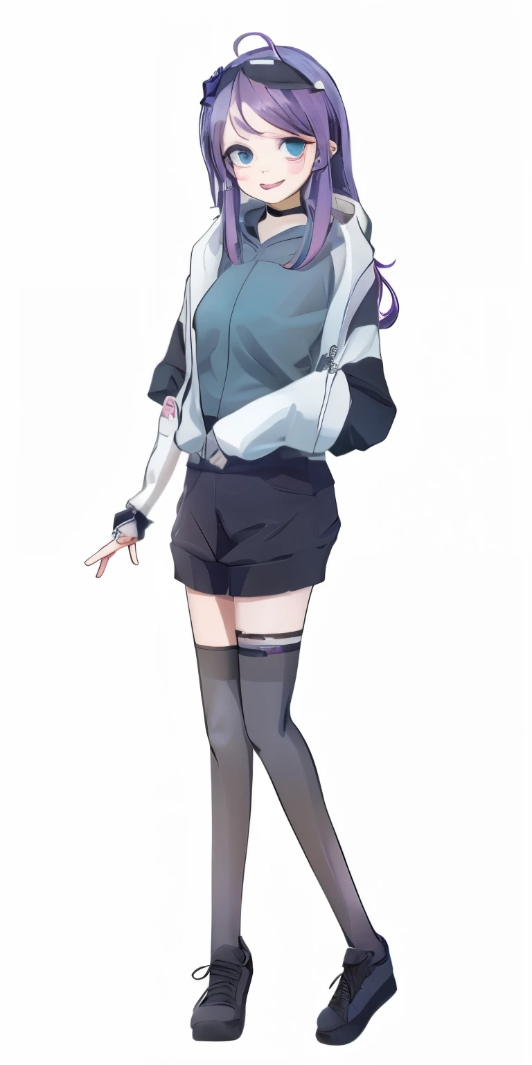 white hoodie,black shorts,black knee socks,Black sneakers,Black headband,Purple hair,long hair,eyes are blue,gentle smile,photograph,8K,highest quality,best details