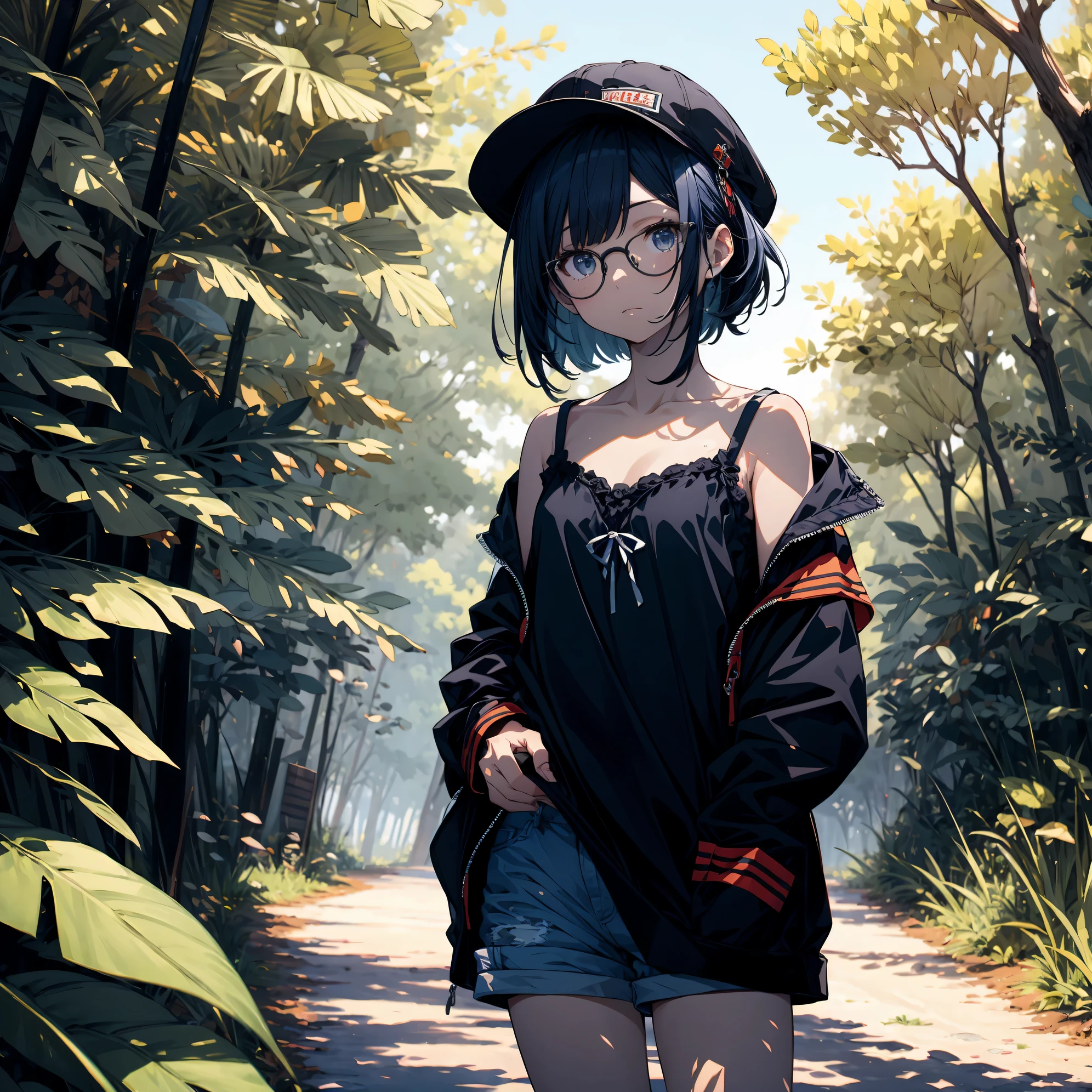 Super high quality by the art god, super detailed, High resolution,Fujichoco style, anime moe art style, best anime 8K konachan wallpaper, pixiv contest winner, perfect anatomy, break,(森をalone慎重に歩く女の子の絵を描きます. ),break, surreal beautiful girl, (alone,lolita, , 12 years old:1.3),All limbs, full finger, androgynous charm, (ponytail), short bob cut, flat chest, , small ass, between legs, small round eyes,beautiful and fine eyes, Well-proportioned iris and pupils, High resolutionの詳細な髪, wears round glasses, (Camisole Tops,shorts),have,sweating, In the summer forest. break,super dense skin, Best lighting by famous artists, 8K, figure,