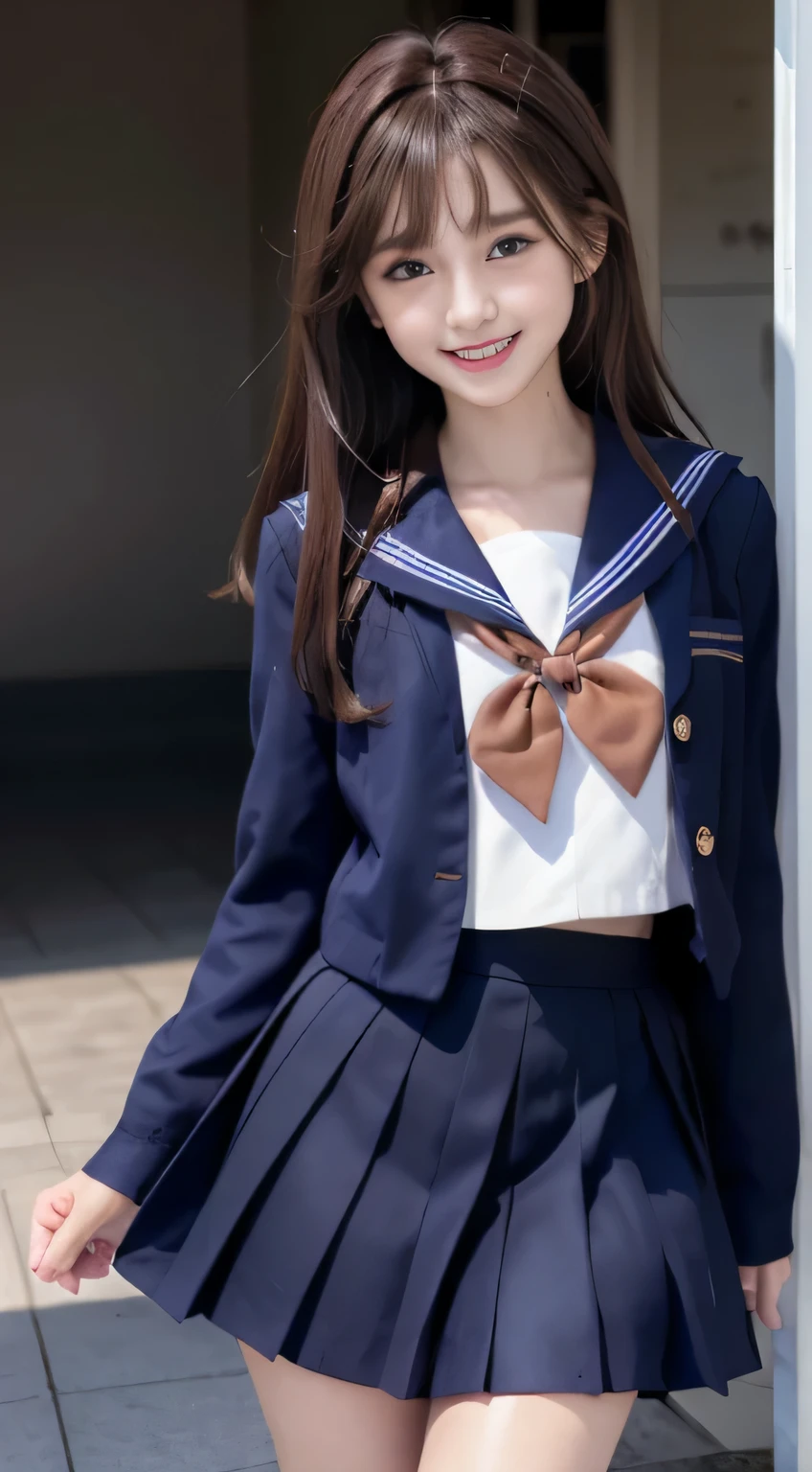 (15 year old girl), (medium breasts), (Japan Schoolgirls), (white teeth), (smile:1.2), (laughter:1.2), (brown hair:1.4), (bright hair), dull bangs, hair behind the ear, shoulder hair, (black eye), (Big eyes:1.2), (long hair), ( slender body shape), delicate lips, (beautiful eyes), light blush, brown eyes, (shiny skin, perfect skin :1.3), (sailor suit:1.3, Flared skirt in navy blue)