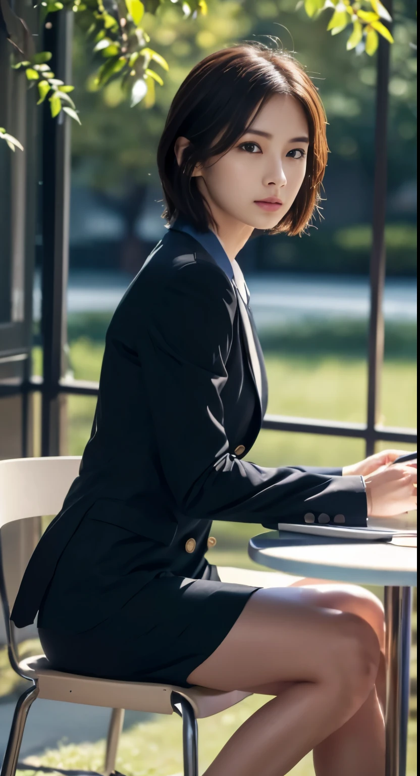Photorealistic beautiful female student、18-year-old、amazingly beautiful、extremely fine-grained clarity、beautiful body、(highest quality、8K、32K、masterpiece、nffsw:1.3)、ultra high resolution,(Photoreal:1.4),RAW photo, detailed face,,beautiful hair, ((Doctor Style)), ,very short hair 、very short hair、amazingly beautiful二重まぶた、beautiful nipples、 natural makeup,, small perfect breasts, wet hair、detailed background, perfect lighting, Depth of written boundary, beautiful shadow gradation、thin limbs、thin thighs、(whole body)、((business suit))、((stylish cafe、Inside the store、cafe table and stylish chairs、coffee、Control your laptop))、Beautiful and slim perfect body、beautiful high nose、view from the side