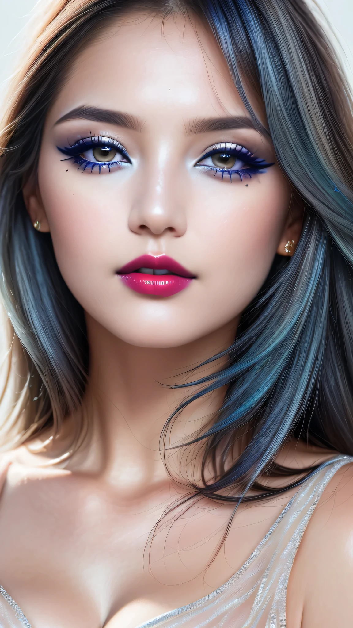 Ultra-realistic、 ultra-detailed portraits、 最high quality、 8K、highest level、 The ultra -The high-definition、(Super beautiful detailed face:1.6)、(detailed eyes:1.2)、(detailed lips:1.2)、(Detailed nose:1.2)、((cleavage))、(I encourage you to choose a subdued and perfectly coordinated background for your phenomenal, diverse random creation)、(Use any technique of combining materials, natural, artificial, (light, heavy, airy), metals, elements and fantasy magic, any style, any outfit, choose eyes color ((hair is a different color than eyes)), dynamic random fancy, professional hairstyles)、 1girl:1.4 18years old、fashion supermodel、real:1.7、photorealistic:1.7、(very delicate and beautiful、fine details:1.3)、masterpiece、 最high quality、 (high quality)、 (absurdres)、 (sharp fous)、(Glamour, paparazzi taking pictures of her)、 contrast、 (dark shot:1.15)、 Long 2blue_eyelashes:1.24、 (dark_eyeshadows:1.4)、 red_lipstick:1.35、((perfect round eyes))、 (white_makeup:1.1)、(matte skin:1.3)