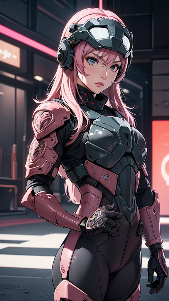 style of metal gear solid, (detailed intricate full cover tactical helmet:1.3), (pink hair), cowboy shot, dynamic pose, 1girl, solo, ray tracing, (masterpiece), (best quality), (detailed), (detailed tactical gear:1.1), (body armor:1.1), combat pants, gloves, (intricate background:1.1), 