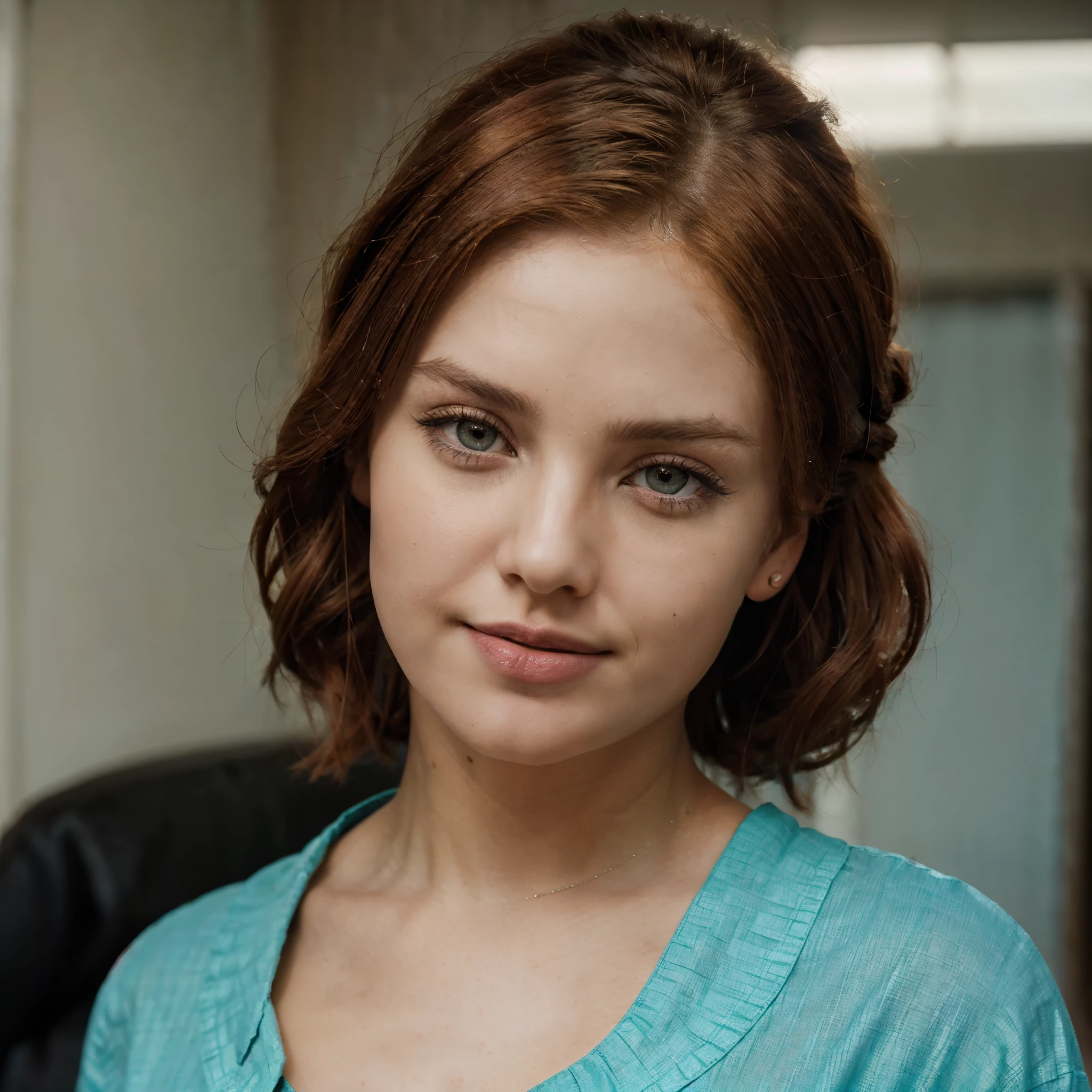 RAW uhd portrait of 24-year-old blonde close-up, Natural red hair, castles, Wavy, (brown-eyed woman) beautiful face, smiling, a beautifull voluptuous woman, ((very intense makeup)), ((bright lipstick)), hair tied in a chignon, hairstyle, button-down blouse, blouse medical, turquoise blouse, medical pants, turquoise pants (Red Summer Dress), (cutout), Detailed (textures!, Hair!, brightness, Color!, imperfections:1.1), High detail of light eyes, (looking at the camera), specular lighting, dslr, ultra quality, sharp-focus, Sharp, Depth of field, Film grain, (centered), Fujifilm XT3, Crystal clear, The center of the frame, cute face, sharp-focus, bokeh, (dimly lit), Low key, in day, (day sky).