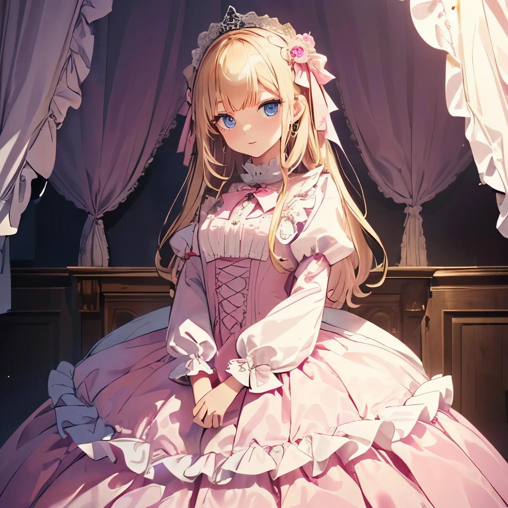 Photography,highest quality, masterpiece, highest resolution, artwork, super それにget used to it, many get used to it, get used to it, それにget used to it,(), (),(cute girl),(),((white skins)),((blond hair)),((blue eyes)),the girl is a princess,((girly dark pink satin fabric)), ((A Victorian ballgown princess dress with plenty of pink ruffles and bows and a voluminous full-length hoop skirt.)),long sleeve,long dress,A dress with lots of frills and ribbons..,luxury, ((Palace bedroom)), ((Huge luxury victorian canopy princess’sbed)), high quality beautiful girl,high quality dress,