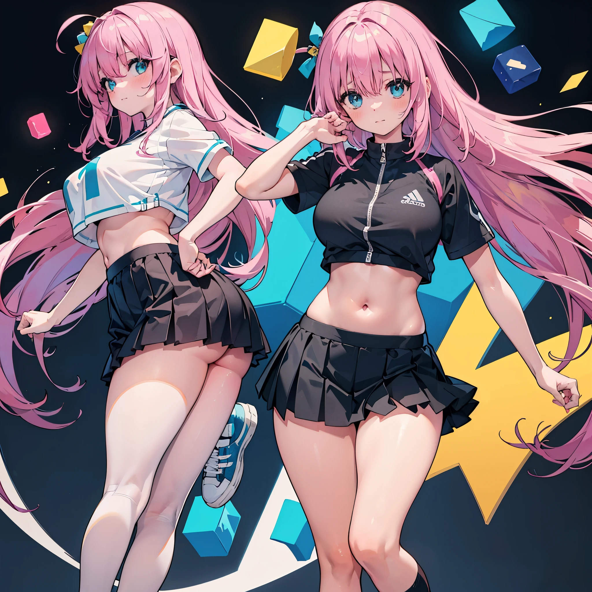 realistic image, coherent image, detailed image, 1 girl, long hair, pink hair, wearing hair accessories with blue and yellow cubes on the right side, light blue eyes, delicate oval face, blushing, wearing a crop top, pleated miniskirt, sports shoes, big breasts, curvy body, thick thighs, shy pose, black background, uniform bottom,