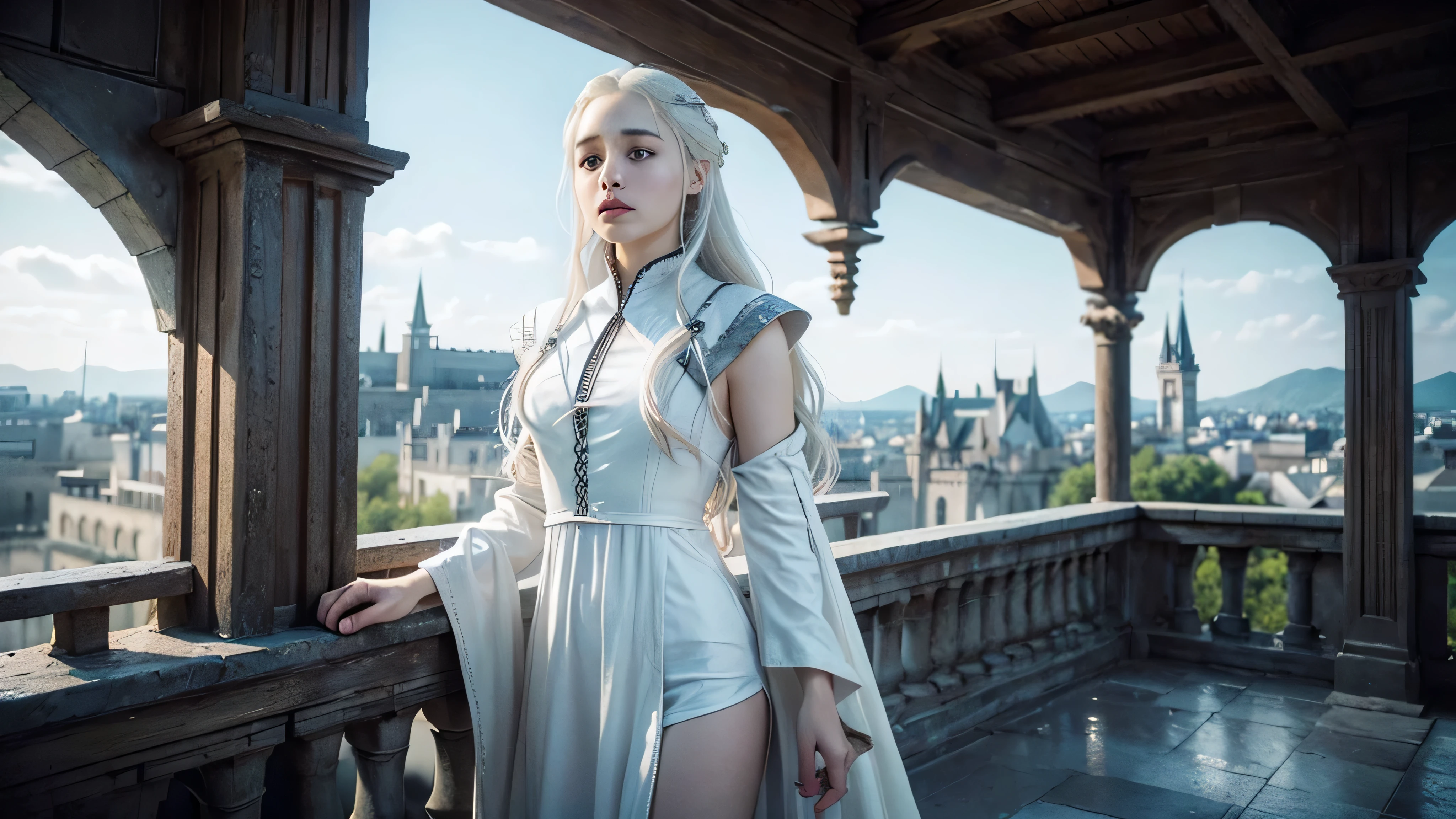 oil painting of (koh_emiliaclarke), (long hair:1.1), (standing in a balcony), (white tunic:1.1), perfect thighs, (game of thrones castle in the background:1.2), atmospheric lighting, cinematic composition, concept art, digital illustration, detailed, art by brian m viveros and maciej kuciara and mark keathley, natural light, 4K, high-detail, ((perfect eyes)), (detailed pupils), dimly lit, (white hair:1.3)