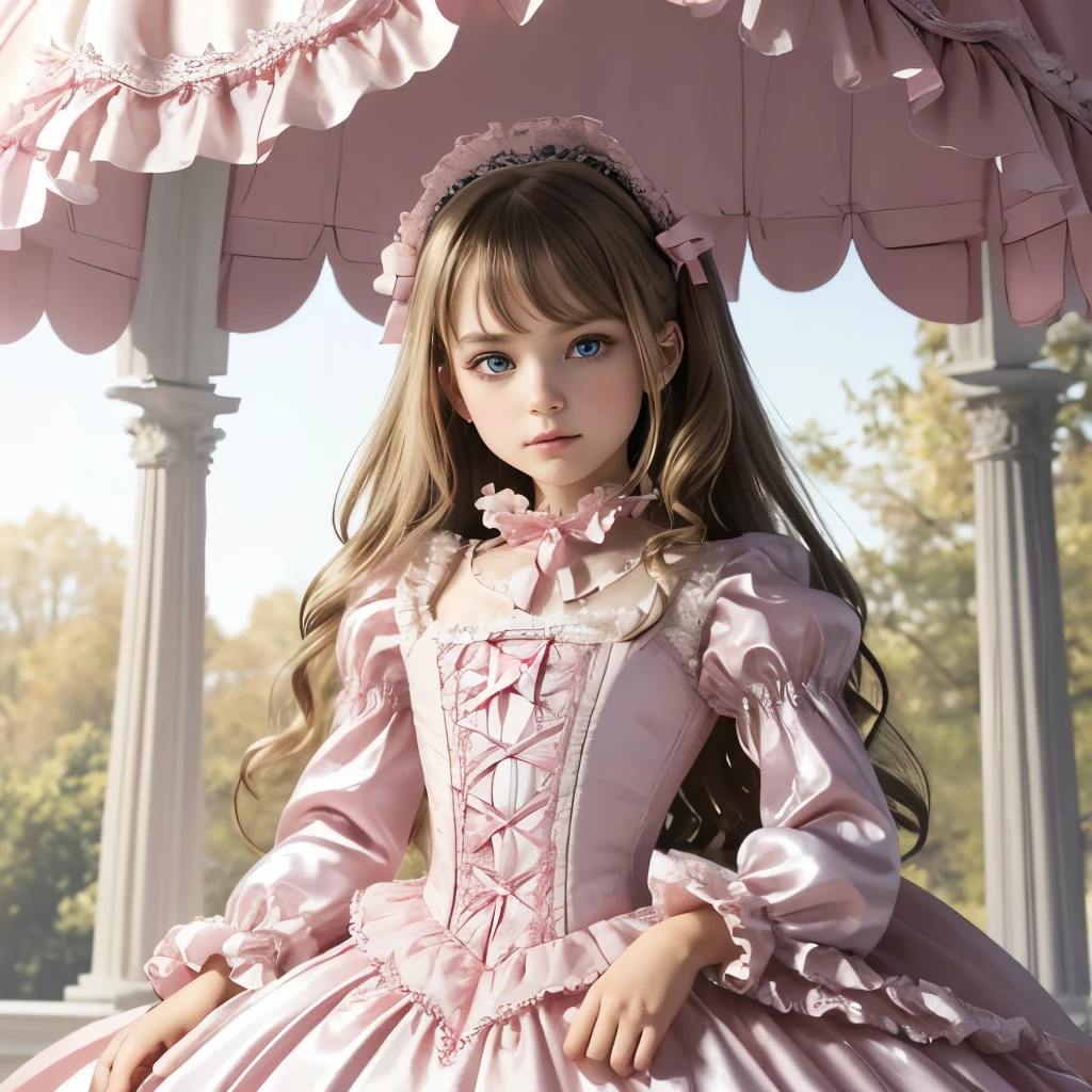 highest quality, masterpiece, Highest Resolution, artwork, ((10 year old little girl)), Super detailed baby face, torn Full-length torn ball gown dress with princess hoop skirt, torn Frilled yoke collar, Ribbon woven on chest, torn Puff sleeves, torn Long sleeve, (( torn Lolita style hot pink detailed princess satin dress、Lots of frills and ribbons。)), Colorful Fashion, torn silk satin dress, torn Soft and smooth silk satin fabric, luxury, Long blonde hair, blue eyes, White skin European, pajamas,((Inside the palace)), torn flowing dress, Fine white ruffles and lace, Fluttering Dress，