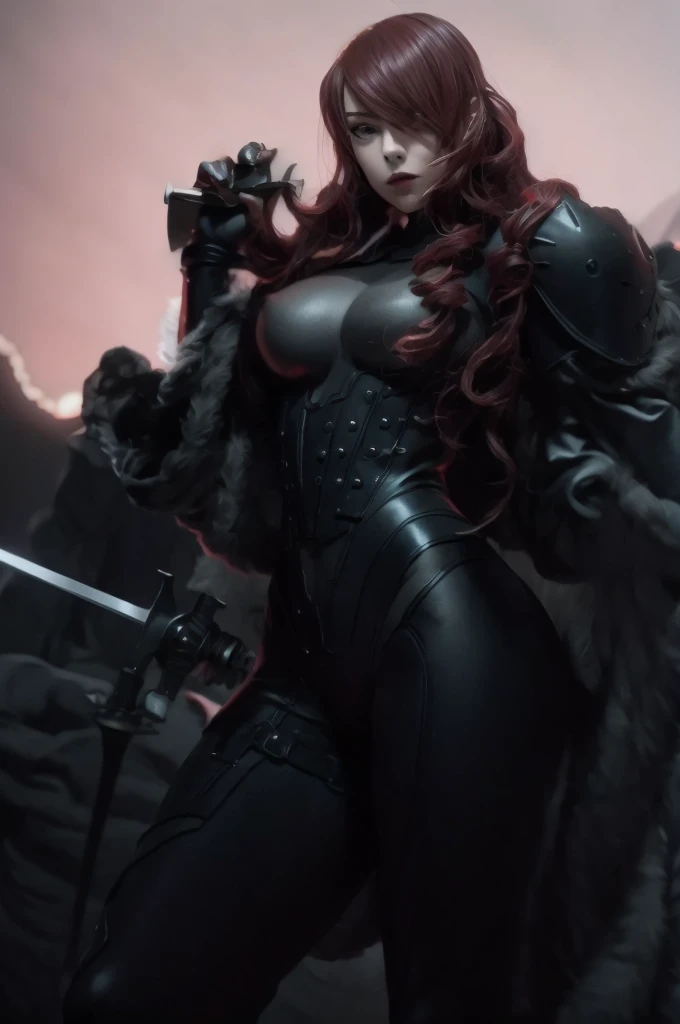 a woman with red lipstick has armor on and is holding a sword, kirijou mitsuru, 1girl, solo, hair over one eye, long hair, (((red hair))), (((red eyes))), weapon, rapier, sword, bodysuit, black bodysuit, grey bodysuit, hand on hip, (((large breasts))), ((simple background)), ((white background)), backlight