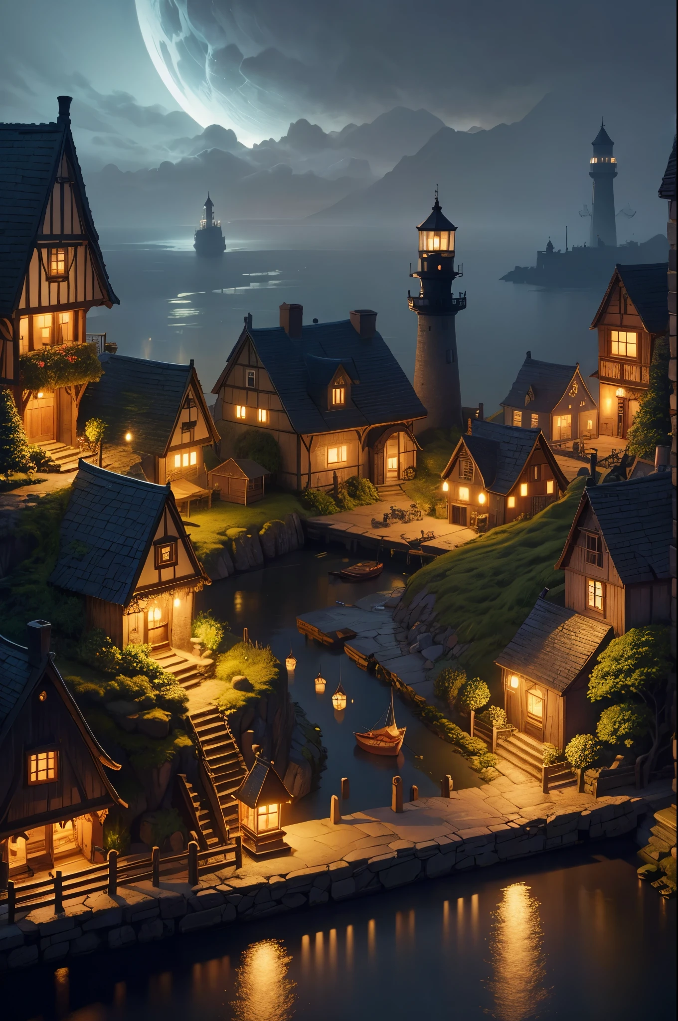ais-olde, A whimsical scene of a ais-olde fairy village at night, with tiny habor, fishing boats, a lighthouse, houses, bridges, and gardens all intricately detailed to look ais-olde, smoke from chimneys, buildings with ethereal lights dark, atmospheric, dynamic, cinematic, masterpiece, intricate, hdr.