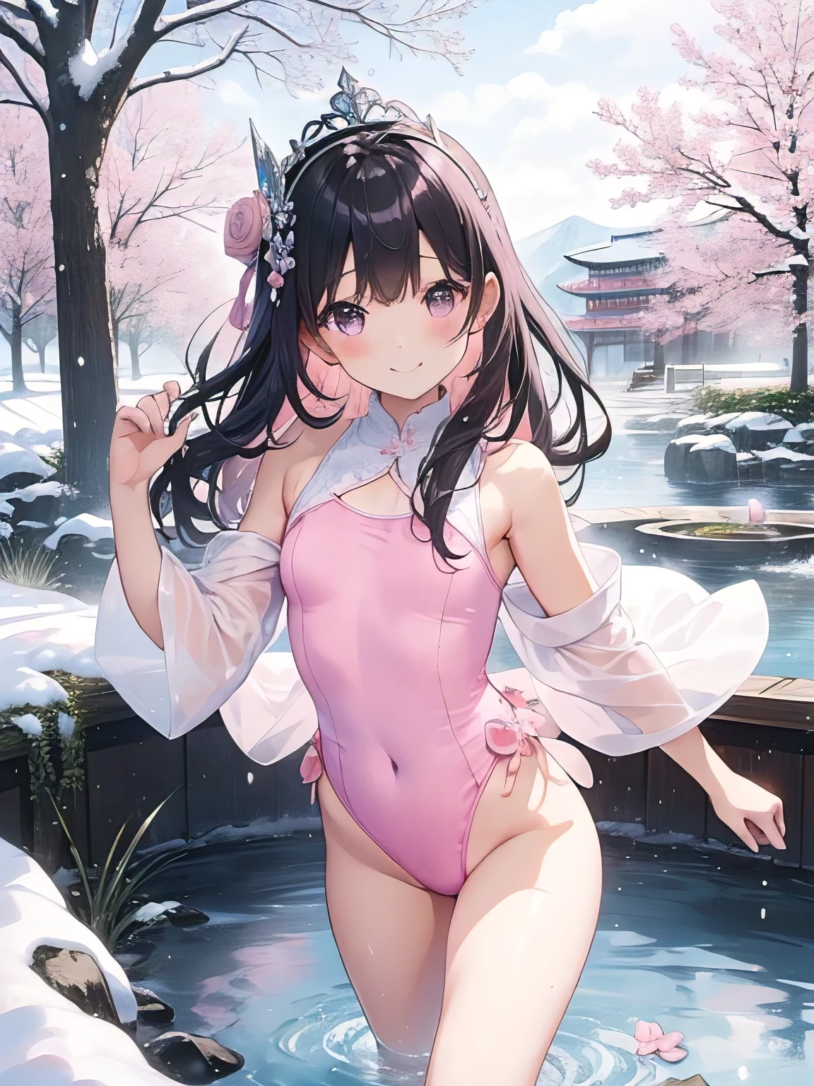 highest quality、very delicate and beautiful、I、I、8-year-old 、Japanese、、Chiquita、Noble、primary school student、black hair、barefoot、(((Pink leotard)))、(High leg)、Tiara on the head、lazy smile、Are standing、facing forward、The background is a snowy hot spring