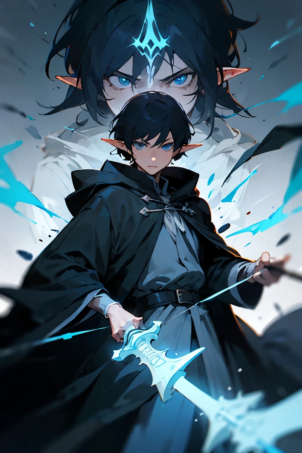 man mysterious elf assassin arcane trickster rogue dark robe hooded, blue eyes, short black hair, with a dagger, casting a spell