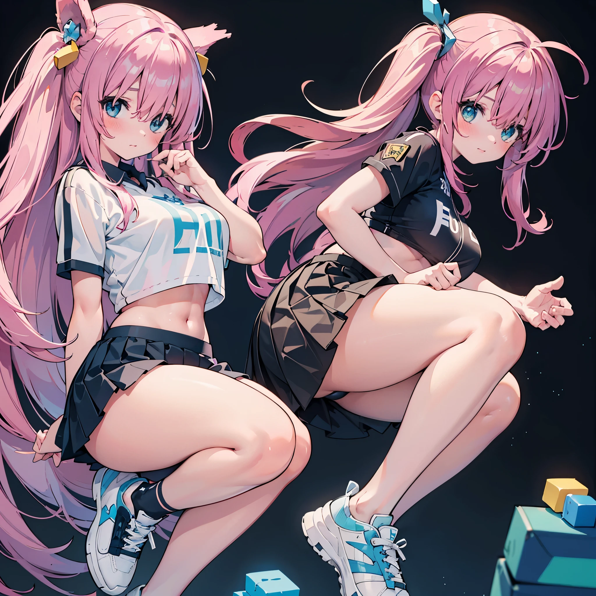 realistic image, coherent image, detailed image, 1 girl, long hair, pink hair, wearing hair accessories with blue and yellow cubes on the right side, light blue eyes, delicate oval face, blushing, wearing a crop top, pleated miniskirt, sports shoes, big breasts, curvy body, thick thighs, shy pose, black background, uniform bottom,