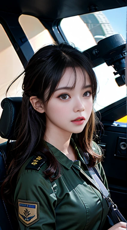 Exposed nipples、Air Force Pilot、Fighters、There is a runway pilot&#39;S helmet、look up sky。dark green flight suit、High exposure、Photorealistic images of solo idols, Morning Musume inspired by Eri Kamei, Radiates charm and beauty with plenty of bust and subtle exposure of cleavage. The image is、Must reflect a real person of the highest quality, Powered by Ultra-HD (16 K) resolution, crisp detail, Vivid colors, Dynamic Range, Soft bokeh, Fine texture, Realistic realism, Pin Sharp Focus. The camera setup is、Nikon D850 and NIKKOR Z 58mm Boobs Boobs Boobs Boobs F。/0.95 S Noct lens,  The setting must be ISO 64, F/0.95, Shutter speed is 1/60. --ar 16:9 - V5.1 --Style raw --Q 2 --S 750