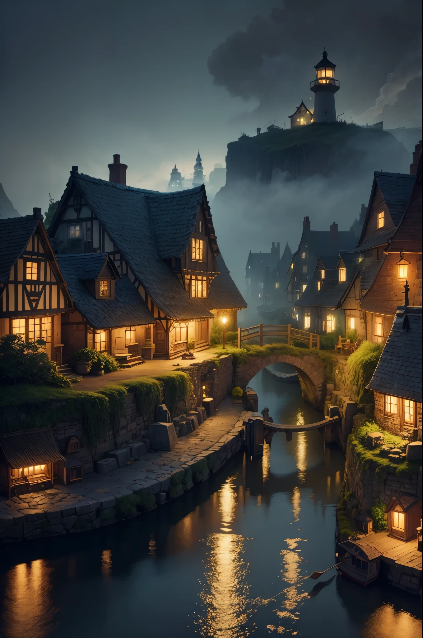 ais-olde, A whimsical scene of a ais-olde fairy village at night, with tiny habor, fishing boats, a lighthouse, houses, bridges, and gardens all intricately detailed to look ais-olde, smoke from chimneys, buildings with ethereal lights dark, atmospheric, dynamic, cinematic, masterpiece, intricate, hdr.