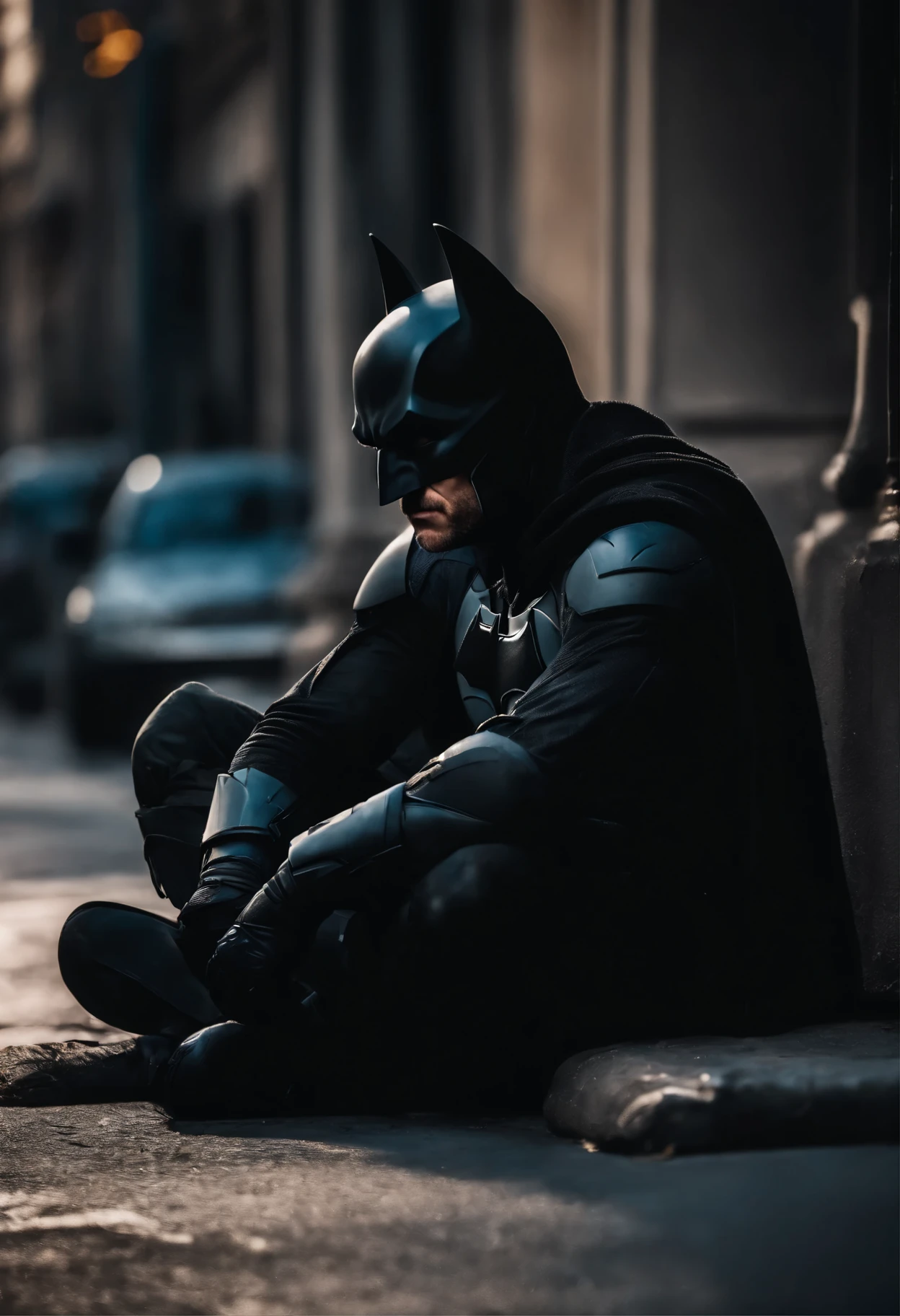 Show a homeless Batman sitting alone on a city street.