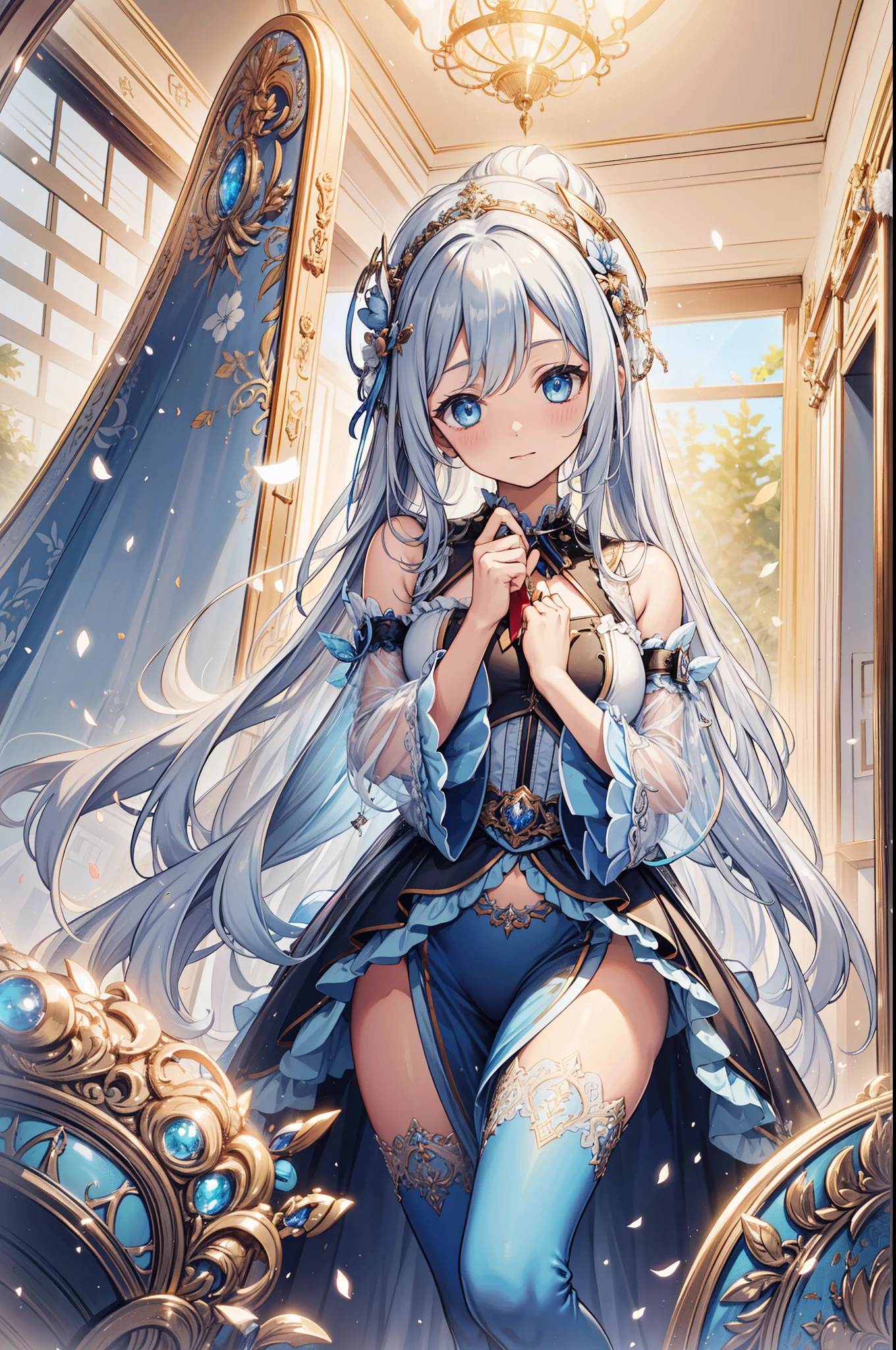 the only person，night，In the room，shy expression，Little Saint，see through pajamas，Transparent sleeves，obsessed，Petal edges，charming，light color，Moderate，Divine decoration，sacred pattern，lace，Ruffles，Extremely detailed CG 8k wallpaper，best quality，masterpiece，high resolution，Exquisite and beautiful face，Ambilight costumes，Minor repaint，beautiful eyes