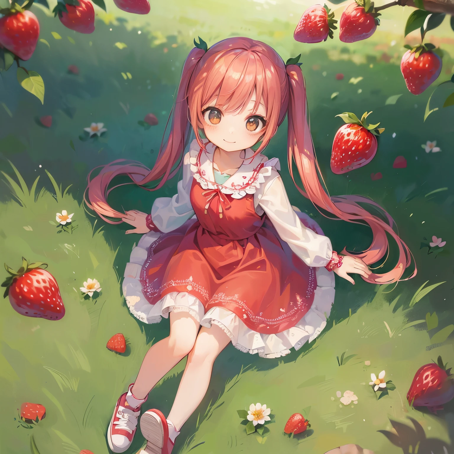 (photorealistic:1.37)、octane rendering、Morning park、Strawberry dress、Girl has twin tail hairstyle and smiles、strawberries fall from the sky、Bright colors、soft sunlight、beautiful flower、green grass、playful atmosphere、peaceful environment、detailed texture、Bright colors、cute shoes with accessories、He looks happy