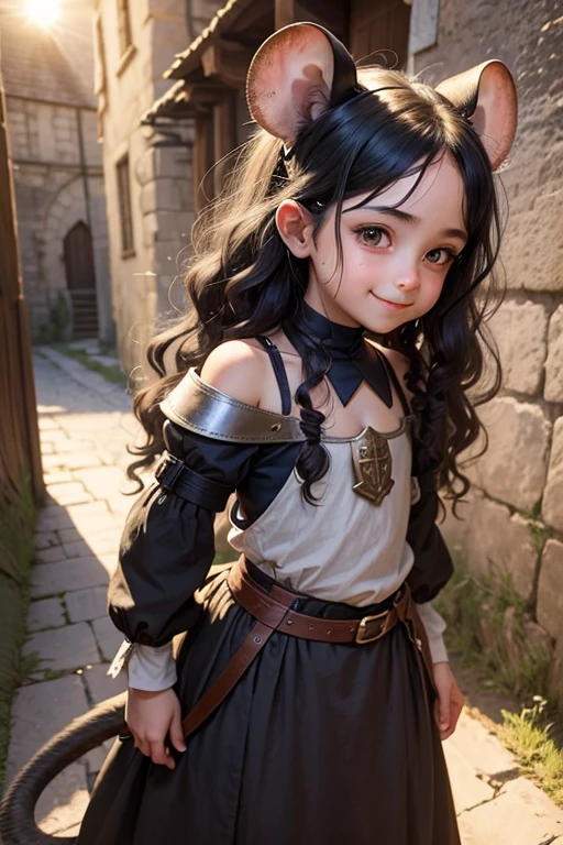 cute girl little man front smile Thin black hair frizzy hair Mouse ears rat long tail Medieval prison The sun is shining