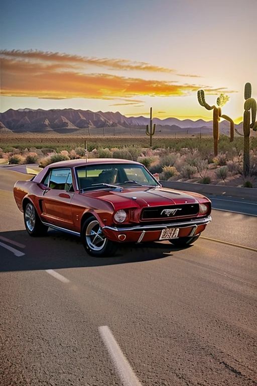 Sunset, in the desert, beautiful, vibrant colors, 1965 Red Ford Mustang, ((detailed car)), outdoors, masterpiece, best quality, ultra detailed, 8k, digital painting \(artwork\), ultra detailed, sharp, focus, highway, road, speeding, plants in background 