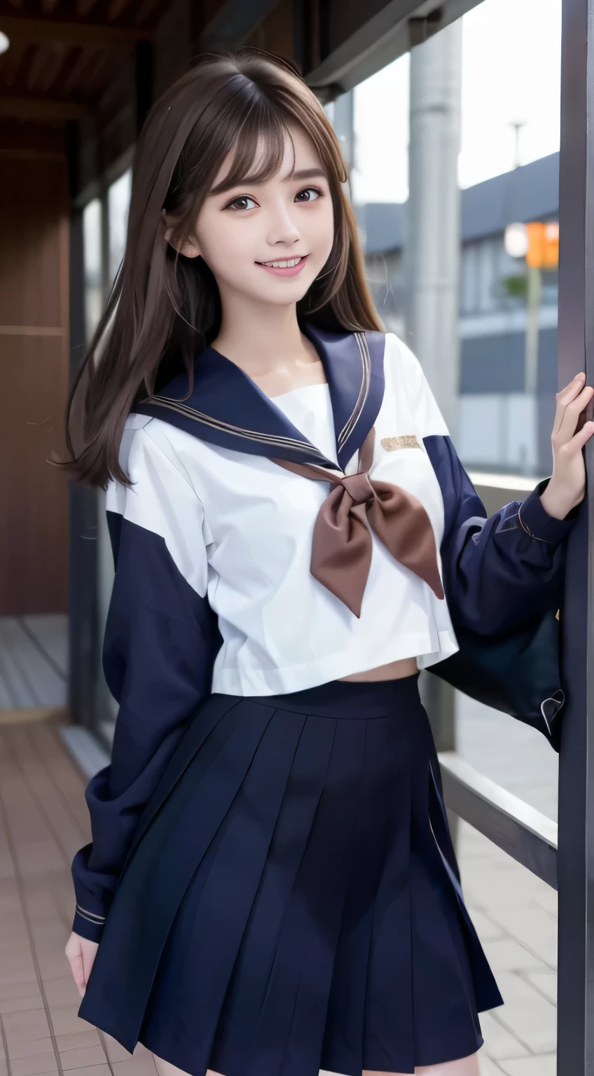 (15 year old girl), (medium breasts), (Japan Schoolgirls), (white teeth), (smile:1.2), (laughter:1.2), (brown hair:1.4), (bright hair), dull bangs, hair behind the ear, shoulder hair, (black eye), (Big eyes:1.2), (long hair), ( slender body shape), delicate lips, (beautiful eyes), light blush, brown eyes, (shiny skin, perfect skin :1.3), (sailor suit:1.3, Flared skirt in navy blue)