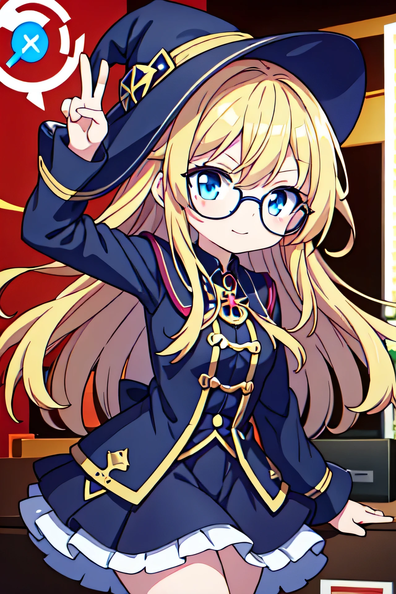 Young anime girl, long blonde hair, blue eyes, nerd, round glasses, witch outfit, Very happy, One hand on top of head making gesture, Peace, V, hand with 5 fingers posters, computer, gaming PC, video game controller, Mech Robot Toy