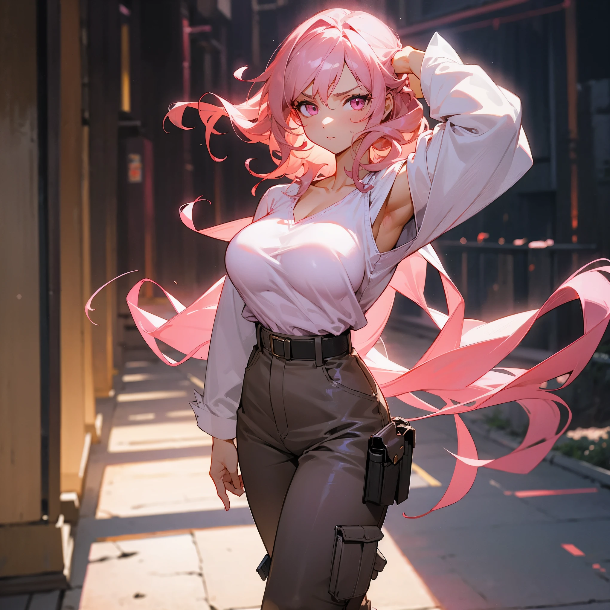 1female, adult, big breast, long light rose colored curly hair, finely detailed pink eyes, loose v neck shirt with sleeves rolled up, loose cargo pants, empty underarm gun holster, gun holster under armpit, standing on path, walking down alley, serious expression, night time, best lighting and shadows, tokyo, confident