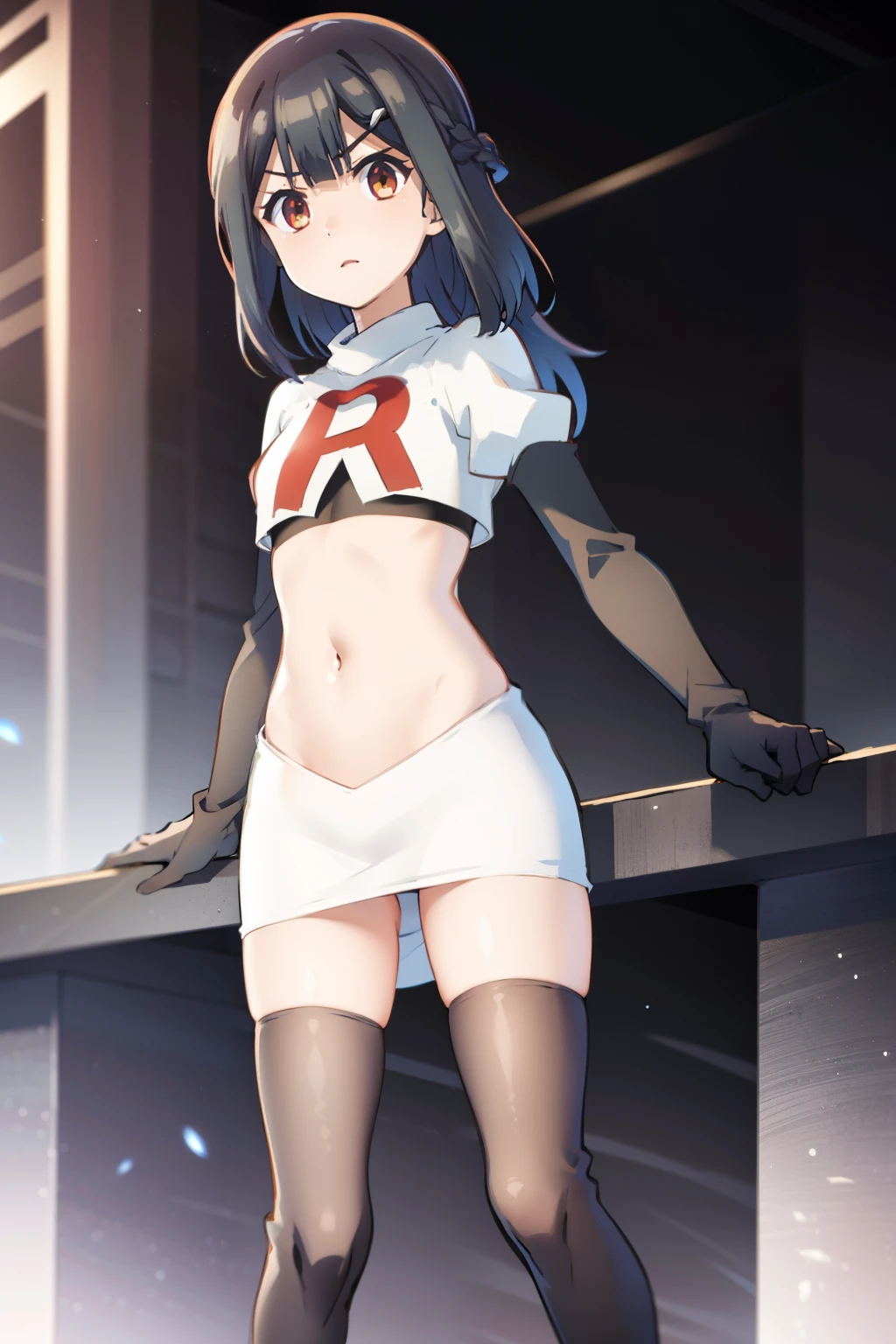 masterpiece, best quality, (colorful),(delicate eyes and face), volumetric light, ray tracing, extremely detailed CG unity 8k wallpaper, miyu edelfelt, magicalgirluniform, 1girl, solo, breasts, looking at viewer, twintails, small breasts, magical girl, x hair ornament, team rocket,team rocket uniform, red letter R, white skirt,white crop top,black thigh-highs,black elbow gloves