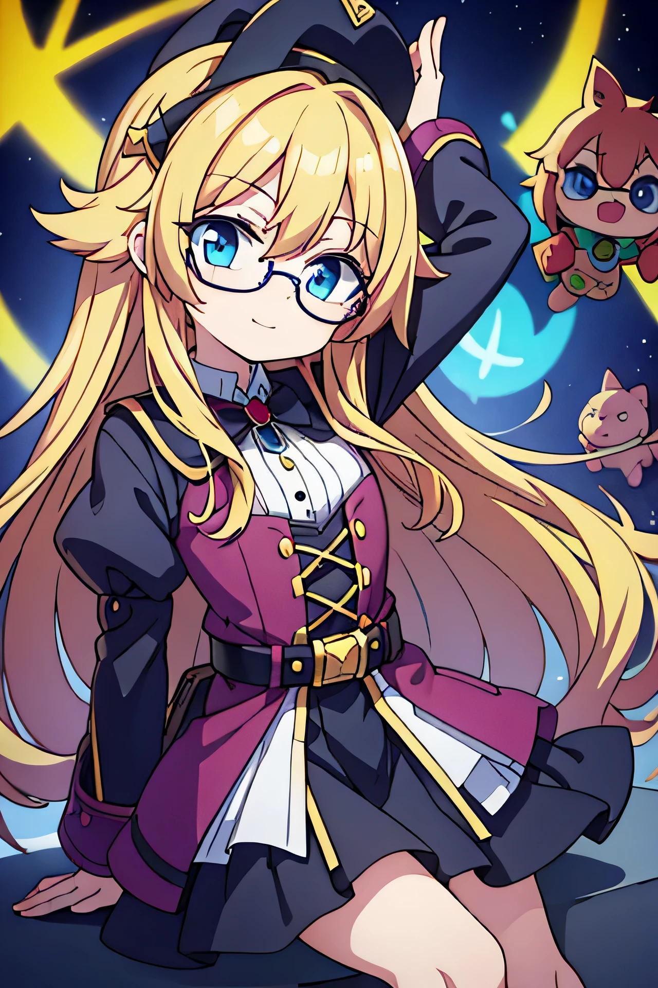 Young anime girl, long blonde hair, blue eyes, nerd, round glasses, witch outfit, Very happy, One hand on top of head making gesture, Peace, V, hand with 5 fingers posters, computer, gaming PC, video game controller, Mech Robot Toy