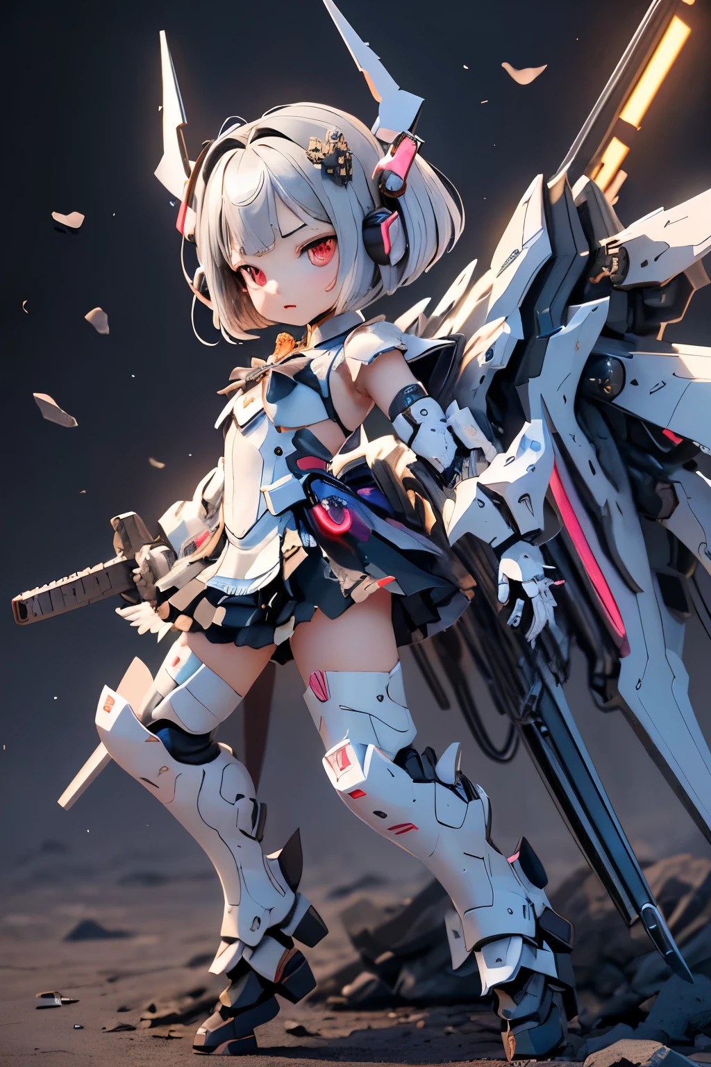 (highest quality)), ((masterpiece)), (very detailed: 1.3), 3D, {(young girl)}, wear gothic lolita clothes with white frills, (She is fused with futuristic Gundam mecha), with headgear, with v-fin , armored shoulders,armored under arms, armored under legs, multilayer textureperfect proportions, octane rendering, duotone lighting, Low ISO, wide aperture, White balance, Rule of thirds, ultra HD16k, HDR (High Dynamic Range), Ray Tracing, NVIDIA RTX, Super Resolution, Subsurface Scattering, PBR Texturing, Post Processing, Anisotropic Filtering, Depth of Field, Maximum Clarity and Clarity, High efficiency subpixel, subpixel convolution, particles of light, light scattered, Tyndall effect, full body:1.5, battle pose, cute, (cute:1.2), (bob cut:1.3),三つ編み, 黒髪, 太い眉毛, 薄い色の虹彩, 大きくて輝いている黒い瞳, 長いまつげ, 小さく薄い色の自然な唇, (Average face of Japanese idols), (日本人特有の童顔:1.3), (baby face), 広いおでこ:1.2, ふっくらした頬, 小さな顎, visible side boob, (holding a huge weapon:1.5), in the hangar,looking at viewer,Focus on the eyes , (完璧な4本の指, 親指1本),