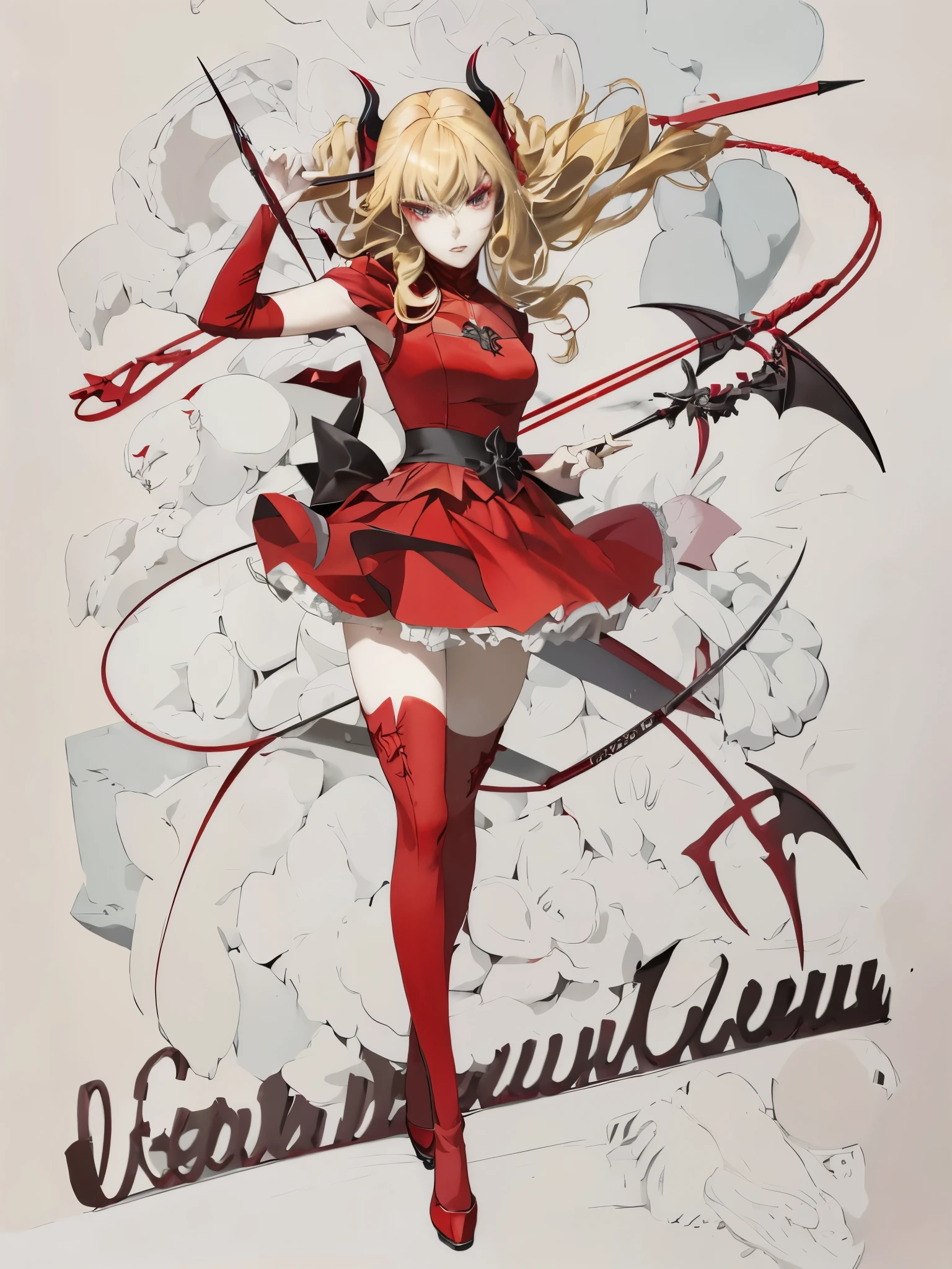 One was wearing a red dress、Cartoon illustration of woman holding sword, Demon anime girl, A destiny anime style/overnight with, sick. High, Grayscale photo of red dress, Succubus in tight skirt, Mika Kurai Devil, Blonde long hair anime girl, Makeup Gremory, Anime girl holding bow and arrow