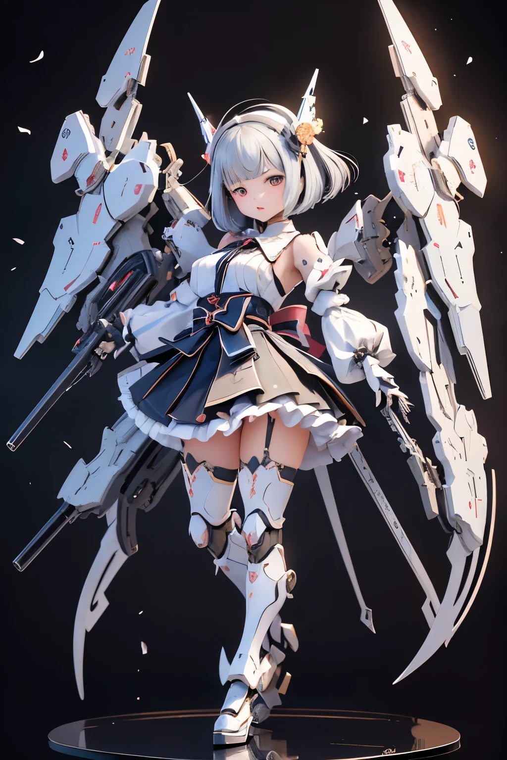 (highest quality)), ((masterpiece)), (very detailed: 1.3), 3D, {( girl)}, wear gothic lolita clothes with white frills, (She is fused with futuristic Gundam mecha), with headgear, with v-fin , armored shoulders,armored under arms, armored under legs, multilayer textureperfect proportions, octane rendering, duotone lighting, Low ISO, wide aperture, White balance, Rule of thirds, ultra HD16k, HDR (High Dynamic Range), Ray Tracing, NVIDIA RTX, Super Resolution, Subsurface Scattering, PBR Texturing, Post Processing, Anisotropic Filtering, Depth of Field, Maximum Clarity and Clarity, High efficiency subpixel, subpixel convolution, particles of light, light scattered, Tyndall effect, full body:1.5, battle pose, cute, (cute:1.2), (bob cut:1.3),三つ編み, 黒髪, 太い眉毛, 薄い色の虹彩, 大きくて輝いている黒い瞳, 長いまつげ, 小さく薄い色の自然な唇, (Average face of Japanese idols), (日本人特有の童顔:1.3), (baby おでこ:1.2, ふっくらした頬, 小さな顎, visible side boob, (holding a huge weapon:1.5), in the hangar,looking at viewer,Focus on the eyes , (完璧な4本の指, 親指1本),