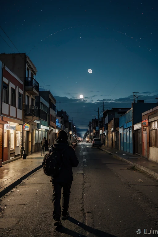 Fotografia creativa de la ciudad de Punta Arenas chile, con la luna llena y un hombre fumando un cigarro caminando en la calle