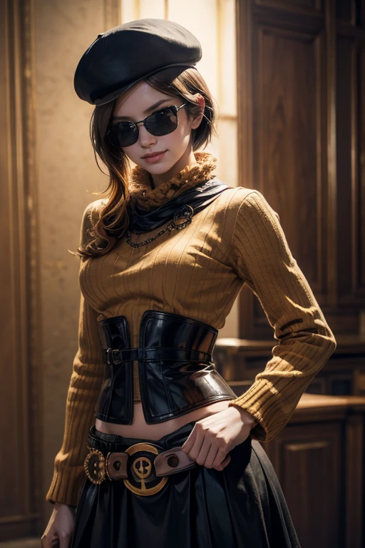 (masterpiece,stunning girlfriend, (standing:1.1), dynamic pose, heart shaped face, elegant face, beautiful face, highly detailed face, highly detailed skin, skin pores, subsurface scattering, realistic pupils, loving smile, looking at viewer, full face blush, full lips, detailed background, depth of field, atmospheric perspective, volumetric lighting, sharp focus, absurdres, realistic proportions, good anatomy, (realistic, hyperrealistic:1.4), 16k hdr, (masterpiece, best quality:1.2), cowboy shot, solo, 1girl, coco adel, grin, looking at viewer, hand on hip, beret, orange sweater, corset, black gloves, skirt, jewelry, belt, bandolier, sunglasses, night, moon, standing on yacht, crew wearing sunglasses, ((sfw))