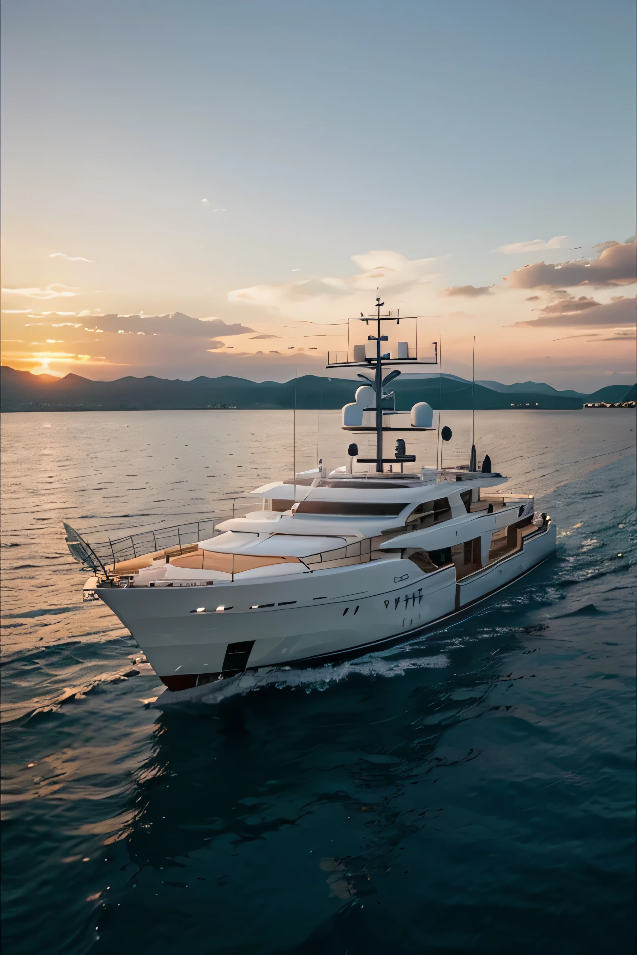 Majestic mega yacht with sleek lines, eingefangen in einem ruhigen Abendlicht, with shallow depth of field, Bootfahrt, Lebensstil
