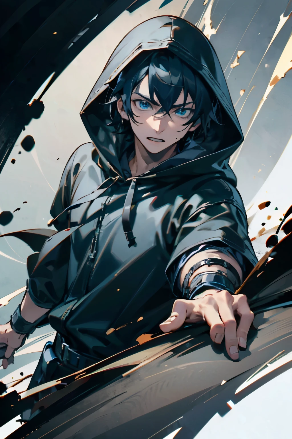 (extremely detailed 8k wallpaper), a medium shot of a fearful rogue, male, male focus, black hair, blue eyes, black clothing, hooded, medieval, intricate, high detail