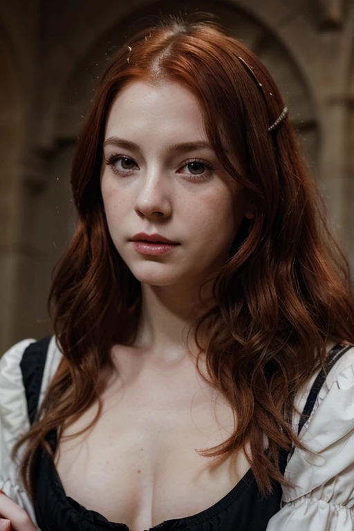 Red-haired woman, gray eyes, pale skin, pink lips, small mouth, wavy hair, medieval era, pensive look, tear in one eye. Novel cover. Looking Up, crow, cry- 