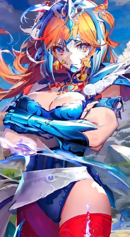 una mujer vestida de azul y rojo sosteniendo una espada, vivi, extremely detailed germen de arte, Orianna, fantasy big blue, cushart krenz arte clave femenino, germen de arte style, mobile legends, retrato, caballeros del zodiaco, , germen de arte. Alto detalle, germen de arte detailed, arte salpicado, chica armadura, a nosotros