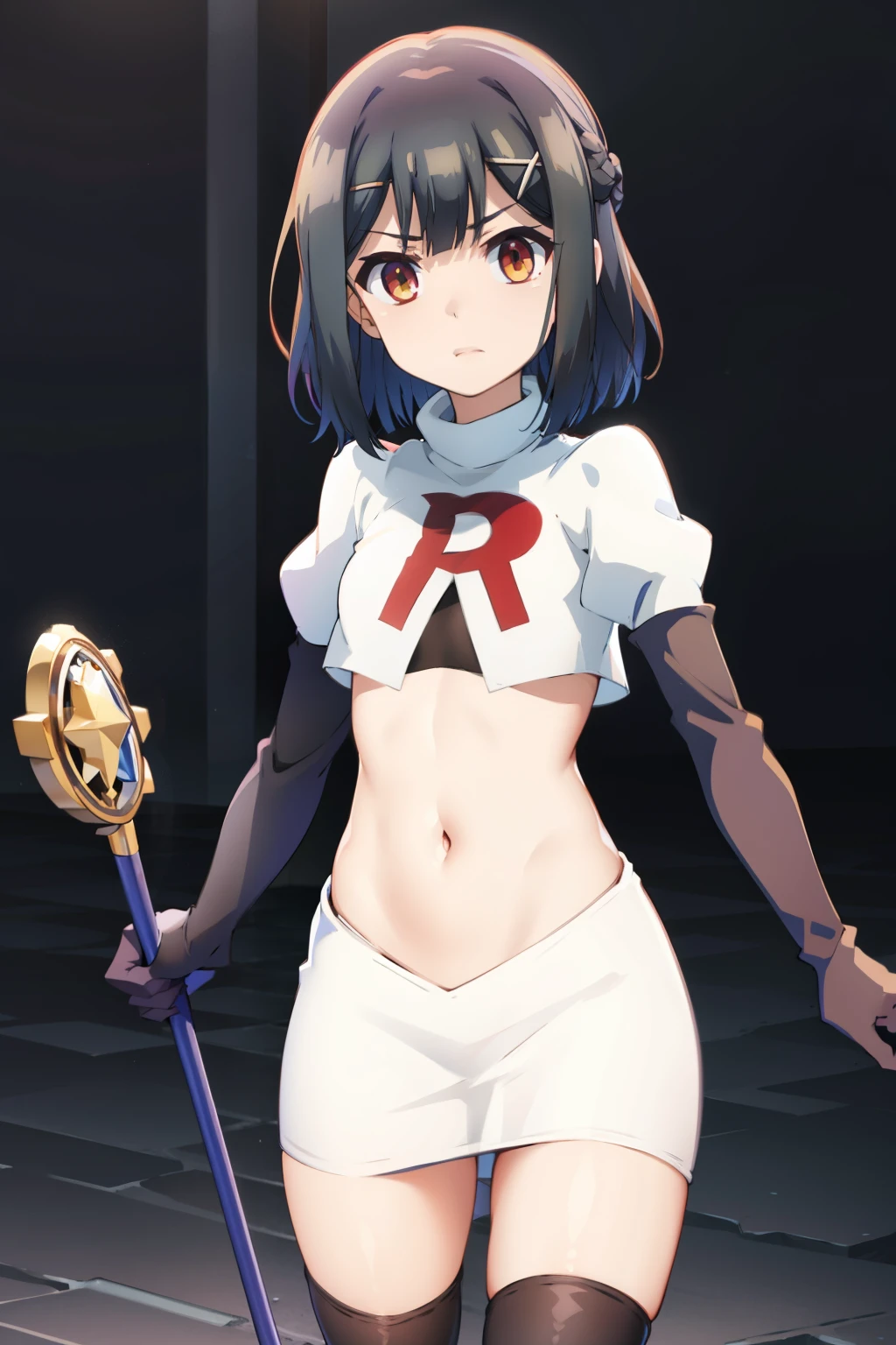 masterpiece, best quality, (colorful),(delicate eyes and face), volumetric light, ray tracing, extremely detailed CG unity 8k wallpaper, miyu edelfelt, magicalgirluniform, 1girl, solo, breasts, looking at viewer, twintails, small breasts, magical girl, x hair ornament, team rocket,team rocket uniform, red letter R, white skirt,white crop top,black thigh-highs,black elbow gloves