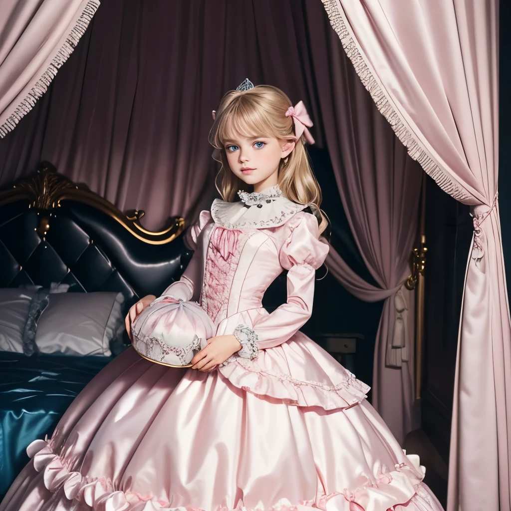 Photography,highest quality, masterpiece, highest resolution, artwork, super それにget used to it, many get used to it, get used to it, それにget used to it,(), (),(cute girl),(),((white skins)),((blond hair)),((blue eyes)),the girl is a princess,((girly dark pink satin fabric)), ((A Victorian ballgown princess dress with plenty of pink ruffles and bows and a voluminous full-length hoop skirt.)),long sleeve,long dress,A dress with lots of frills and ribbons..,luxury, ((Palace bedroom)), ((Huge luxury victorian canopy princess’s bed)), lots of frilly pillows,ruffle bed skirt,high quality beautiful girl,high quality dress,high quality princess’s bed,