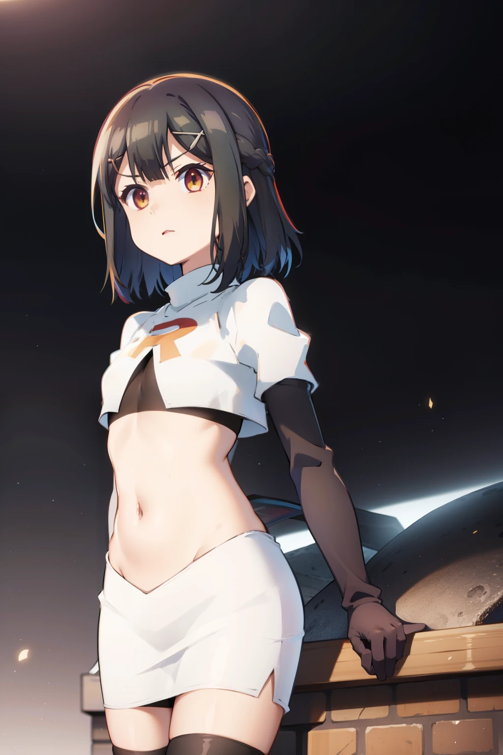 masterpiece, best quality, (colorful),(delicate eyes and face), volumetric light, ray tracing, extremely detailed CG unity 8k wallpaper, miyu edelfelt, magicalgirluniform, 1girl, solo, breasts, looking at viewer, twintails, small breasts, magical girl, x hair ornament, team rocket,team rocket uniform, red letter R, white skirt,white crop top,black thigh-highs,black elbow gloves