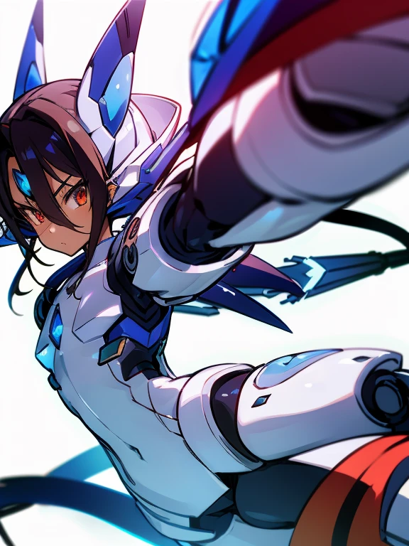 Masterpiece, best quality, highres, amazing quality, tenchi muyo, flat chested, (male), (8 year old boy), (shota), (Dark skin), cute, red eyes, very long dark brown hair, blue gem on forehead, white mecha musume armour, white exosuit armour, black powersuit, white mecha armour legging, long black mecha tail, badass, cool, shounen, close up, mecha funnels,