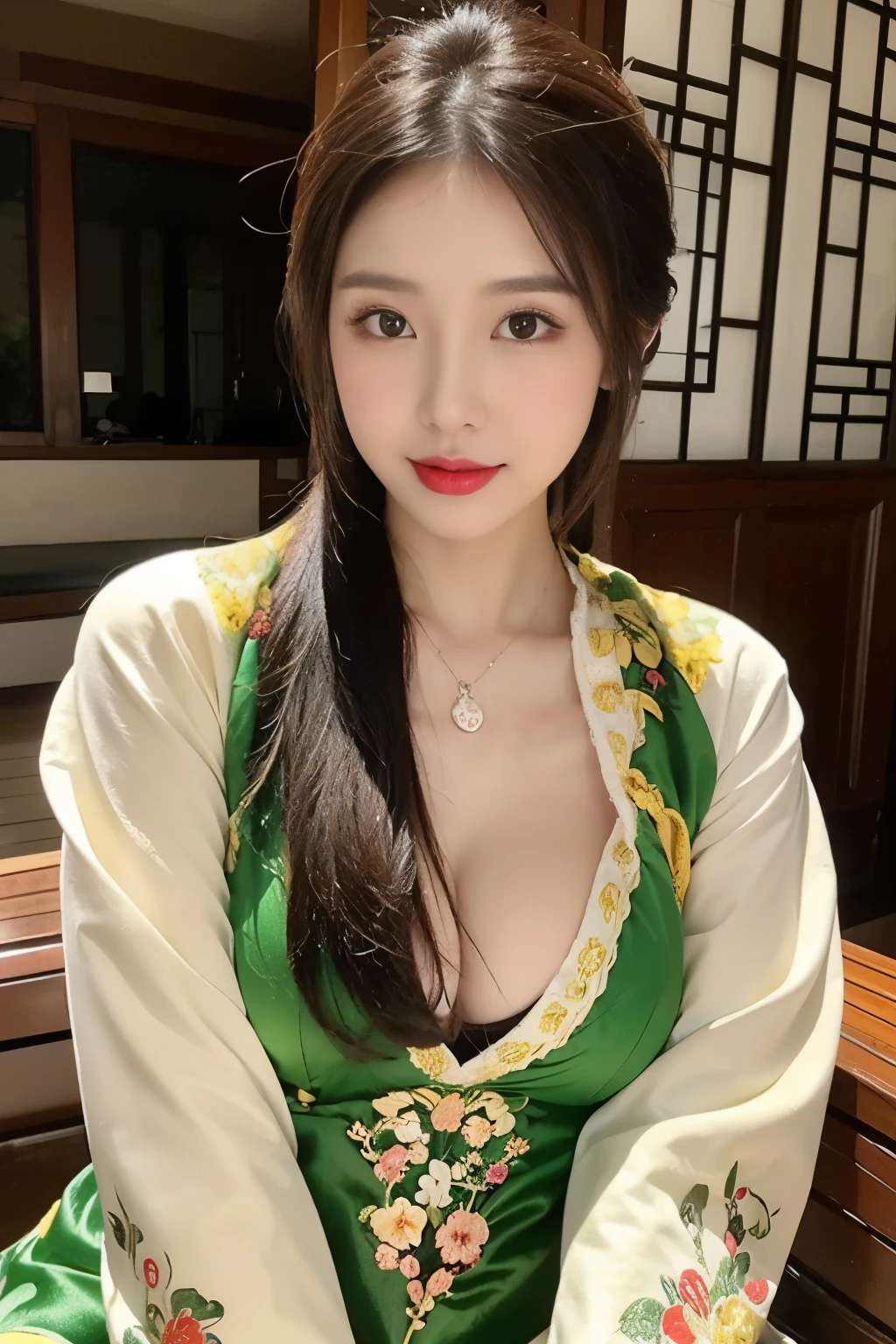 (A half body，Close-up，closeup cleavage：1.2)，Arakfi Asian woman sitting in chair，Wearing a green and gold dress, (outside,hot onsen，florals，grassy，nevando） ， A girl in Hanfu, Hanfu, Cheongsam, with acient chinese clothes, Traditional beauty, Traditional Chinese clothing, Wearing ancient Chinese clothes, Chinese style, Chinese dress, Chinese costume, Chinese traditional, Chinese girl, wearing ornate silk clothes，Redlip,（solo person）