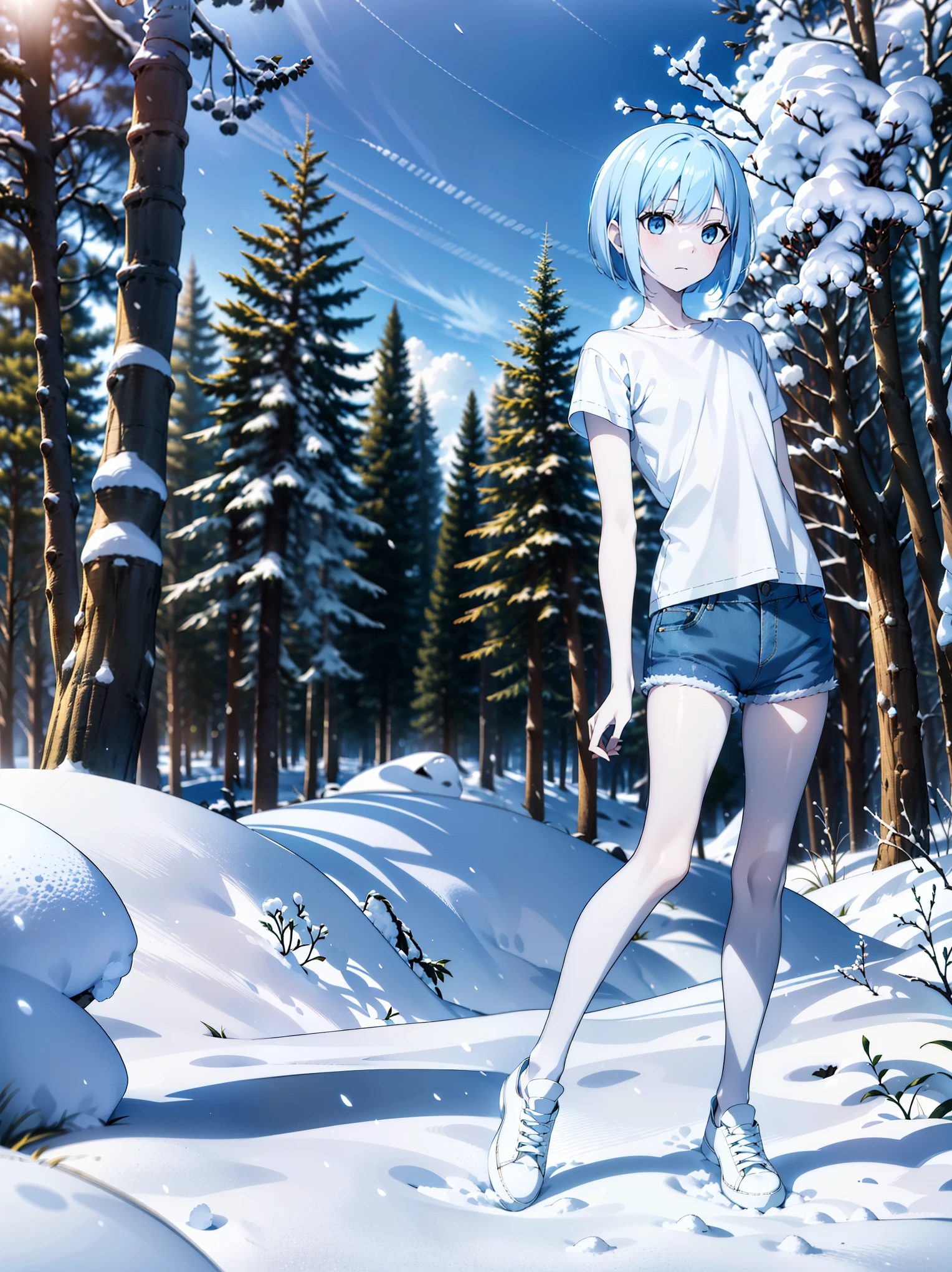 outdoors, snow forest, absurdres, high quality, highres, 1girl, solo, super pale skin, life-size-body, young, thin, skinny, light blue hair, bangs, bobcut, plain white t-shirt, blue denim short, all-white shoes, ROSA20