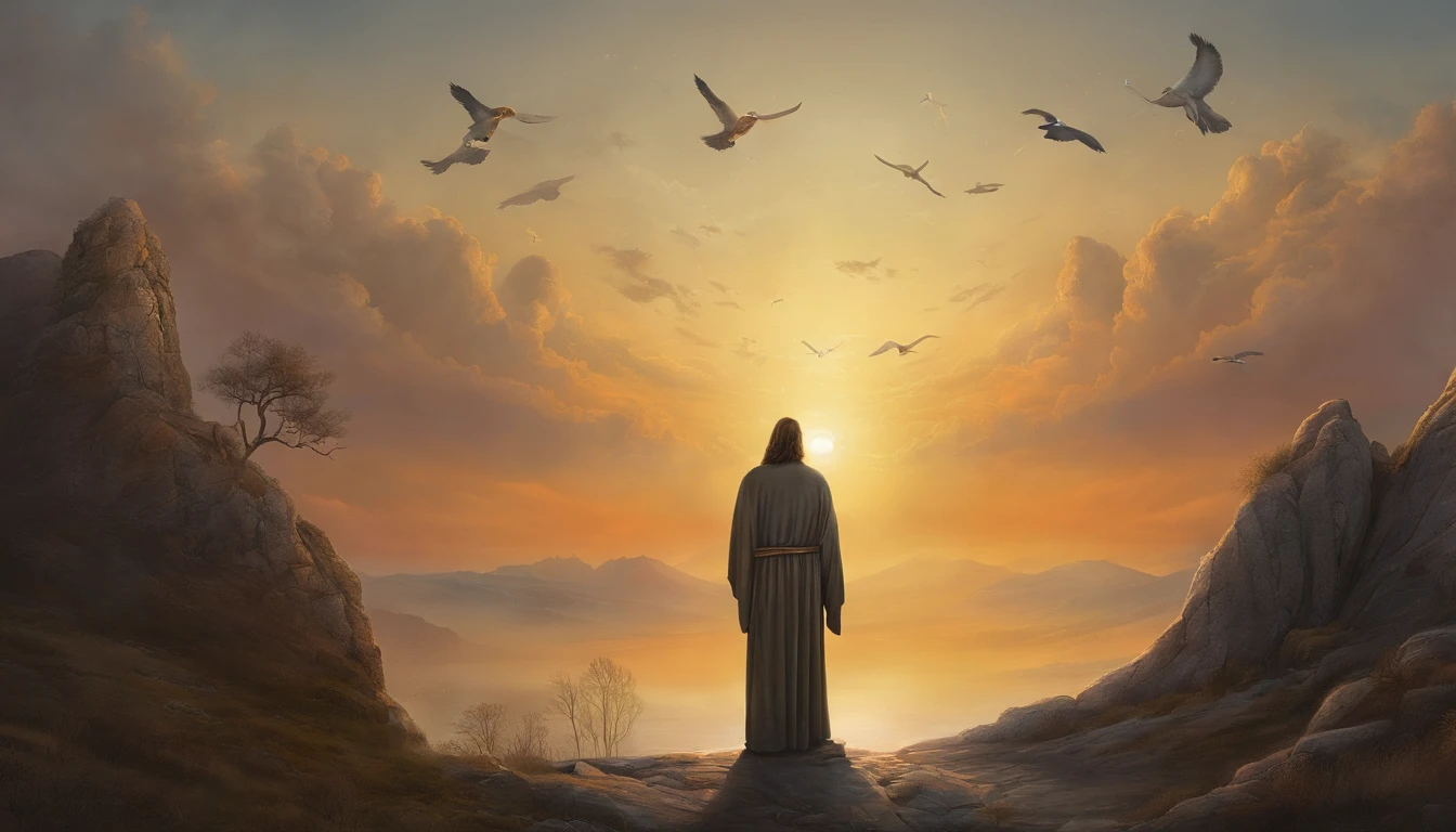 Jesus Cristo, arrodillado orando a los cielos con pajaros, frente a un hermoso orisonte, con la puesta de sol y nubes , In connection with the divine, foto retrato, Dirigido por: Drew Tucker, Dirigido por: Adam Marczyński, Dirigido por: Aleksandr Kucharski, Dirigido por: Gavin Nolan, Surrealismo 8K, Dirigido por: Jason Félix, Yuri Shwedoff y Tom Bagshaw, Arte ilustrativo, Estilo Erik Johansson