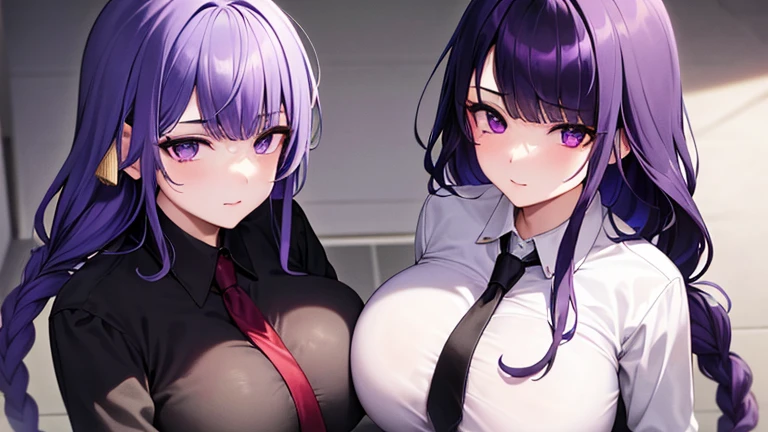 Ahegao((masterpiece)), (best quality), beautiful, extremely detailed face,((expressionless)),((cold attitude)),((tsurime)),((tareme)),breasts,((Mature female)),((raiden shogun, smile, bangs, (big breasts:1.2), (purple eyes:1.2), braid, purple hair, braided ponytail, ringed eyes,
shirt, long sleeves, white shirt, necktie, collared shirt, pants, black pants, formal, suit, black necktie, shirt tucked in, office lady