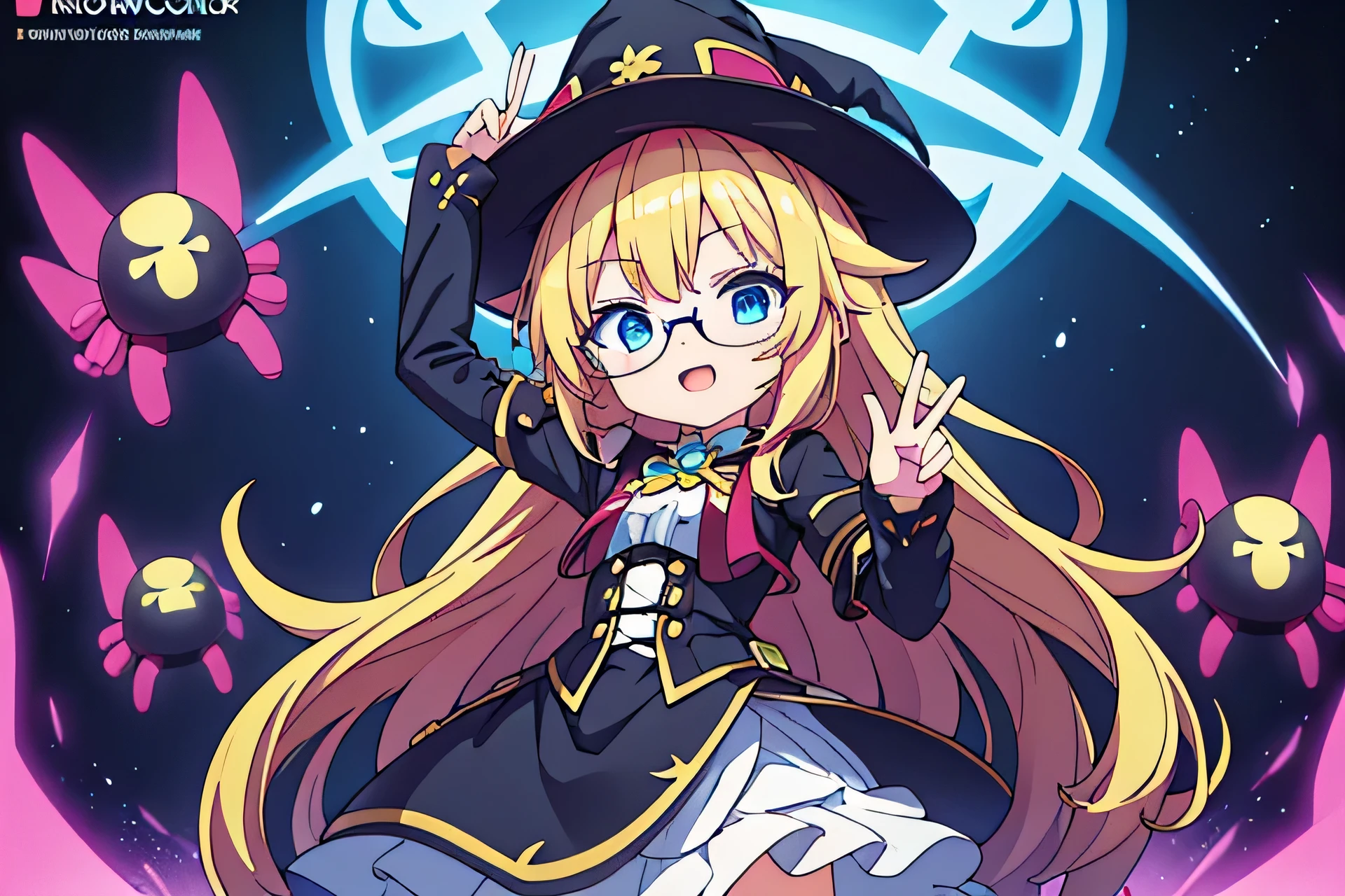 jovem anime, cabelo loiro longo, olhos azuis, nerd, round glasses, roupa de bruxa, emery happy, A hand on top of the head making a gesture, paz, em, 5 fingers hand poster, computador, pc para jogos, Controlador de videogame, mechanical robot toy
