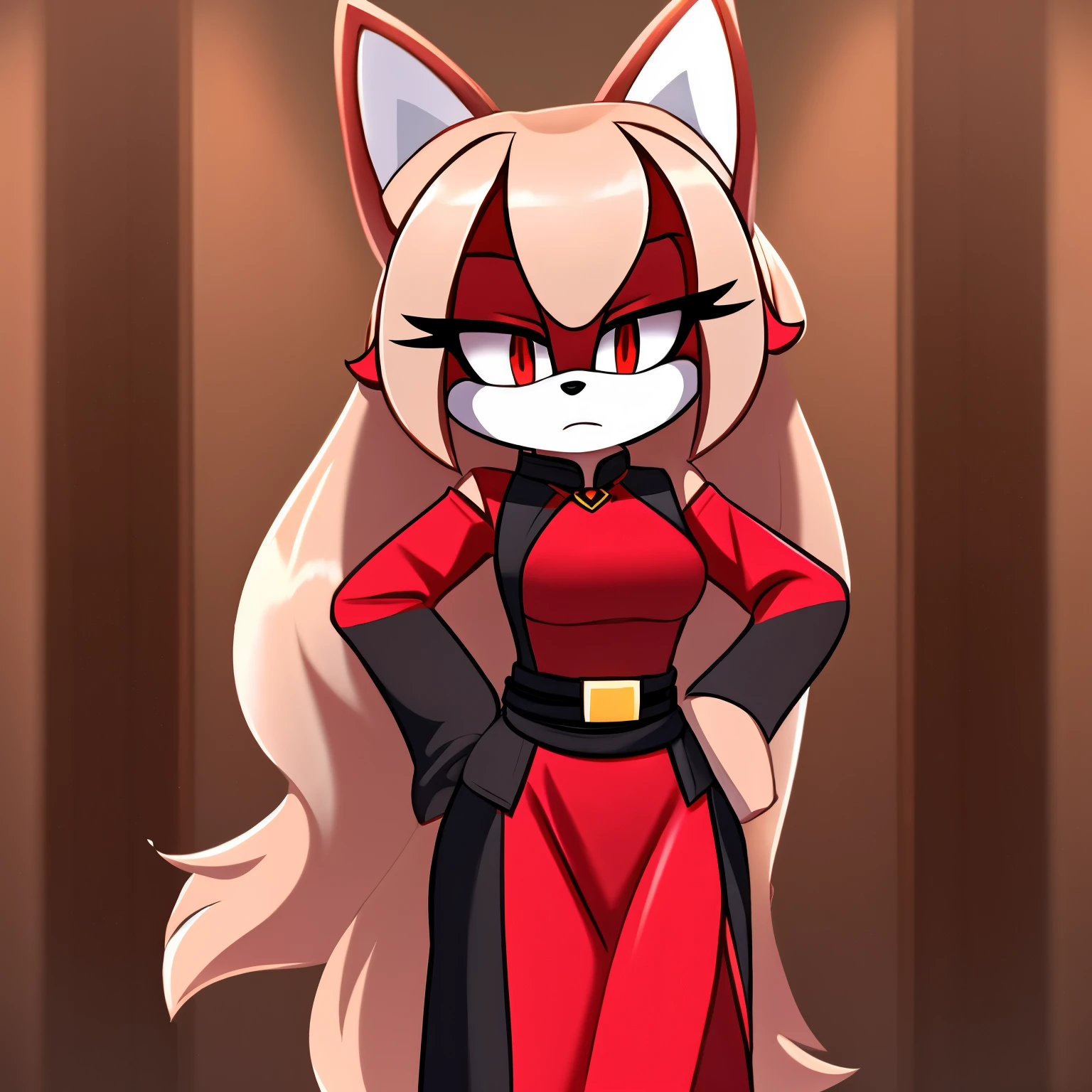 Female, Mobian, Kitsune, pinkish beige fur, white fuzzy muzzle, VERY long hair, red eyes, red makeup, serious expression, one hand on hip, hair bangs, hair on shoulders, red long sleeved cheongsam dress, black sash belt, black leggings