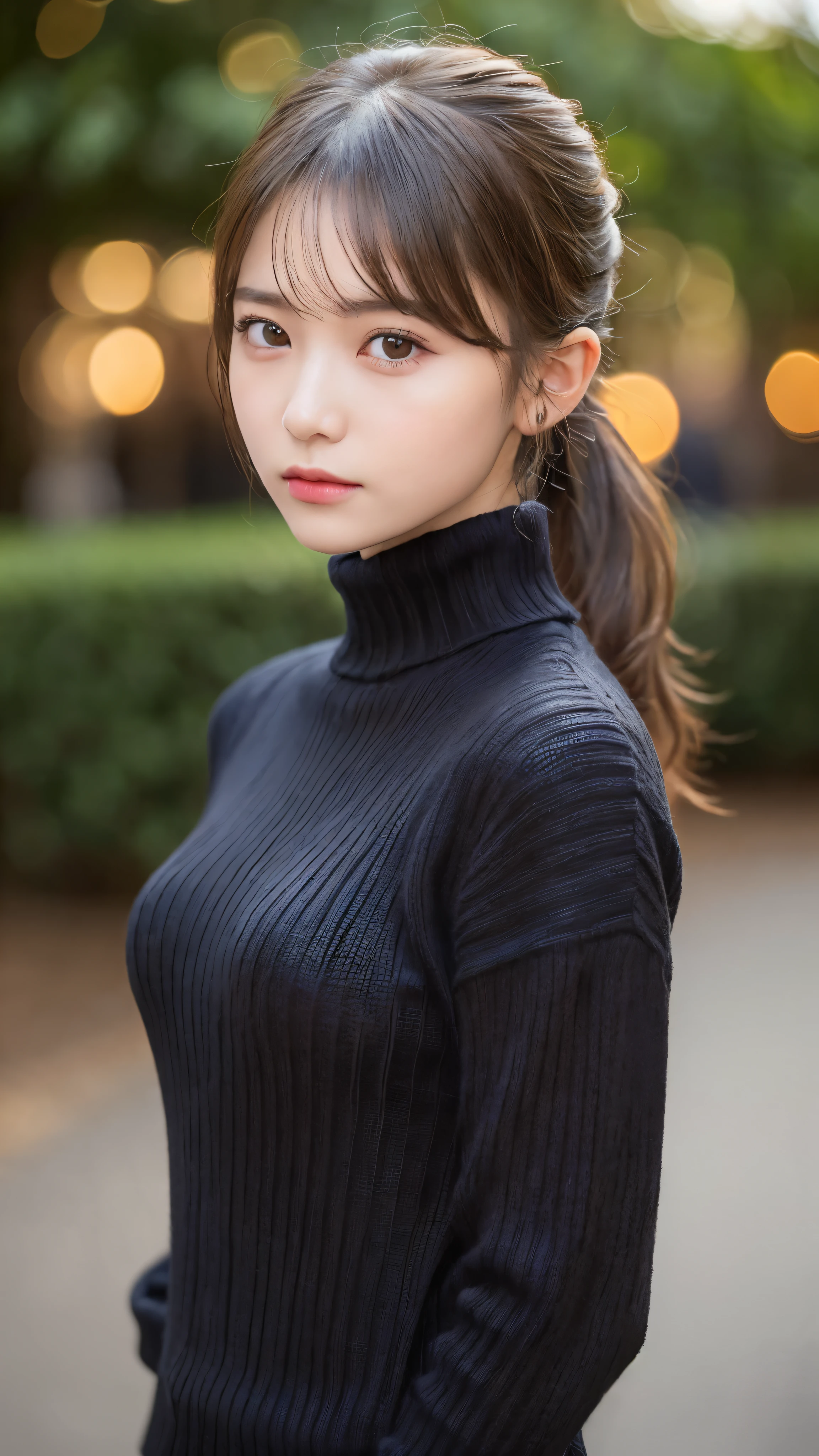 (masterpiece:1.5)、(realistic:1.5)、(highest quality:1.4、8K、RAW photo)、
ultra high resolution、professional lighting、perfect dynamic composition、Shooting outdoors、
film grain、chromatic aberration、(Bokeh:1.1)、blur the background、
Frank、Sophisticated、charm、超realistic、high detail、golden ratio、perfect anatomy、
(1 girl)、slender girl、繊細でcharm女の子、cute woman:1.4、
serious expression、looking at the viewer、Mr..々Pause、
light brown hair、shining hair、(Hair style is ponytail)、
skin that looks real、
close your mouth、fine eyes、double eyelid、thin arms、、
(wearing a black knit turtleneck sweater:1.3)