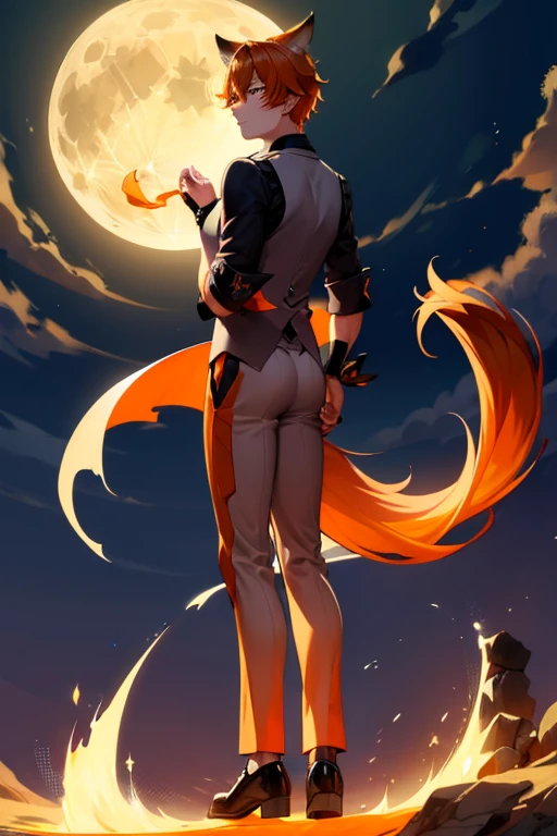 An orange haired man with orange eyes and orange fox ears and and an orange fox tail is standing in front of a full moon in a nice suit